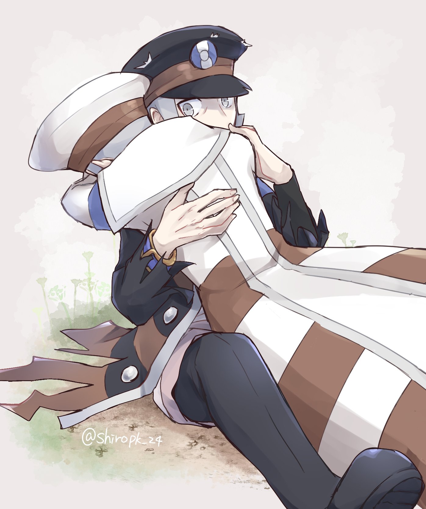shio25, emmet (pokemon), ingo (pokemon), nintendo, pokemon, pokemon bw, pokemon legends: arceus, commentary request, highres, 2boys, black coat, black hat, black pants, black shoes, brothers, coat, grey eyes, grey hair, hat, hug, looking at another, male focus, multiple boys, pants, shoes, short hair, siblings, sitting, torn clothes, torn coat, twins, twitter username, white coat, white hat