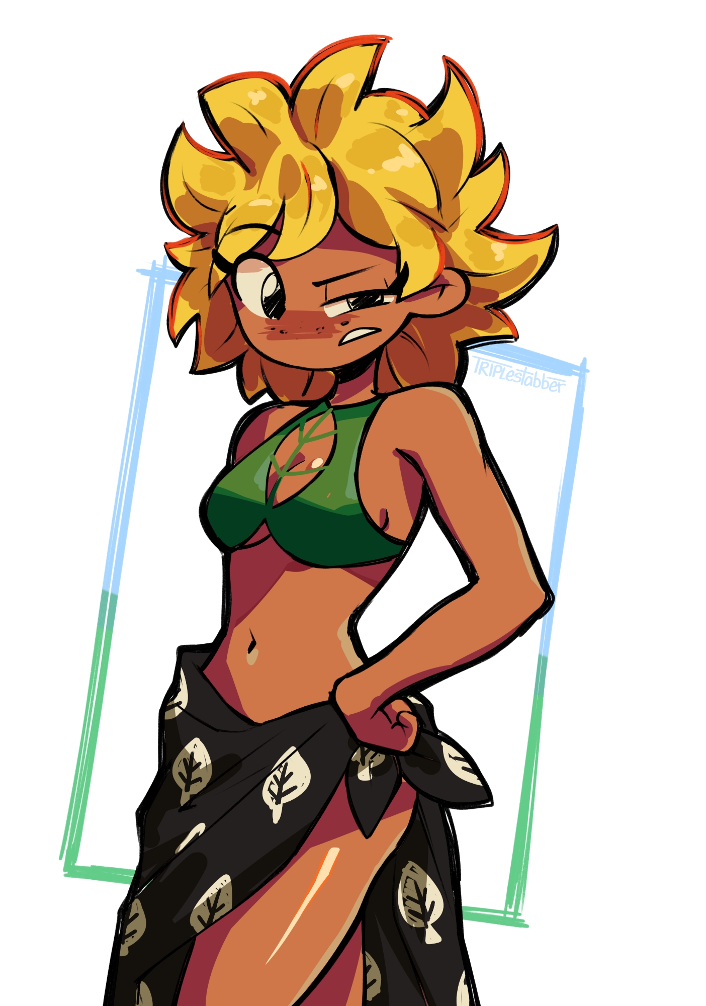 triple stabber, solar flare (plants vs. zombies), solar flare (plants vs. zombies) (peargor), original, plants vs. zombies, plants vs. zombies heroes, commentary, english commentary, highres, 1girl, annoyed, artist name, bare shoulders, black eyes, black sarong, blonde hair, blue border, blush, border, borrowed character, breasts, cleavage cutout, clothing cutout, cowboy shot, curled fingers, dark-skinned female, dark skin, freckles, frown, green border, green shirt, half-closed eye, halterneck, hand on own hip, leaf cutout, leaf print, looking at viewer, midriff, narrow waist, navel, nose blush, outside border, parted lips, print sarong, raised eyebrow, sarong, shiny skin, shirt, short hair, sideboob, signature, simple background, sleeveless, sleeveless shirt, solo, spiked hair, standing, tomboy, underboob, white background
