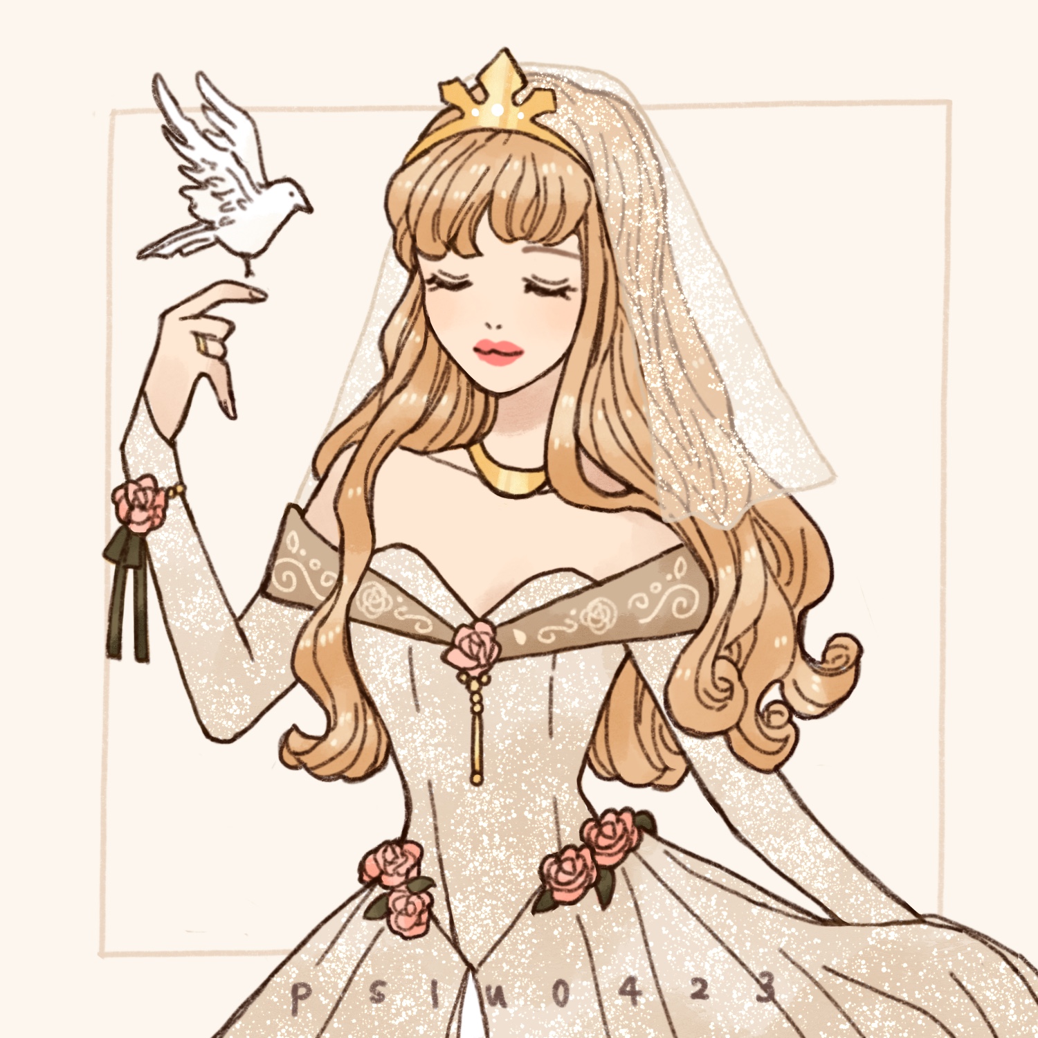 peilu (pslu0423), aurora (disney), sleeping beauty (disney), highres, 1girl, animification, blonde hair, blue dress, closed eyes, closed mouth, dress, jewelry, long hair, long sleeves, makeup, princess, red lips, simple background, sleeveless, sleeveless dress, smile, solo, tiara, white dress