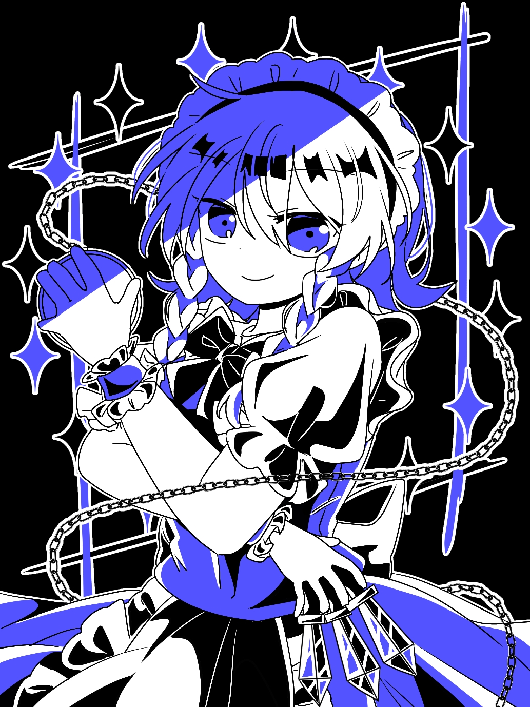 wakana1327, izayoi sakuya, touhou, commentary request, highres, 1girl, apron, between fingers, bow, bowtie, braid, chain, closed mouth, hair bow, holding, holding knife, knife, knives between fingers, long hair, looking at viewer, maid, maid headdress, monochrome, pocket watch, purple eyes, purple theme, smile, solo, twin braids, waist apron, watch, wrist cuffs