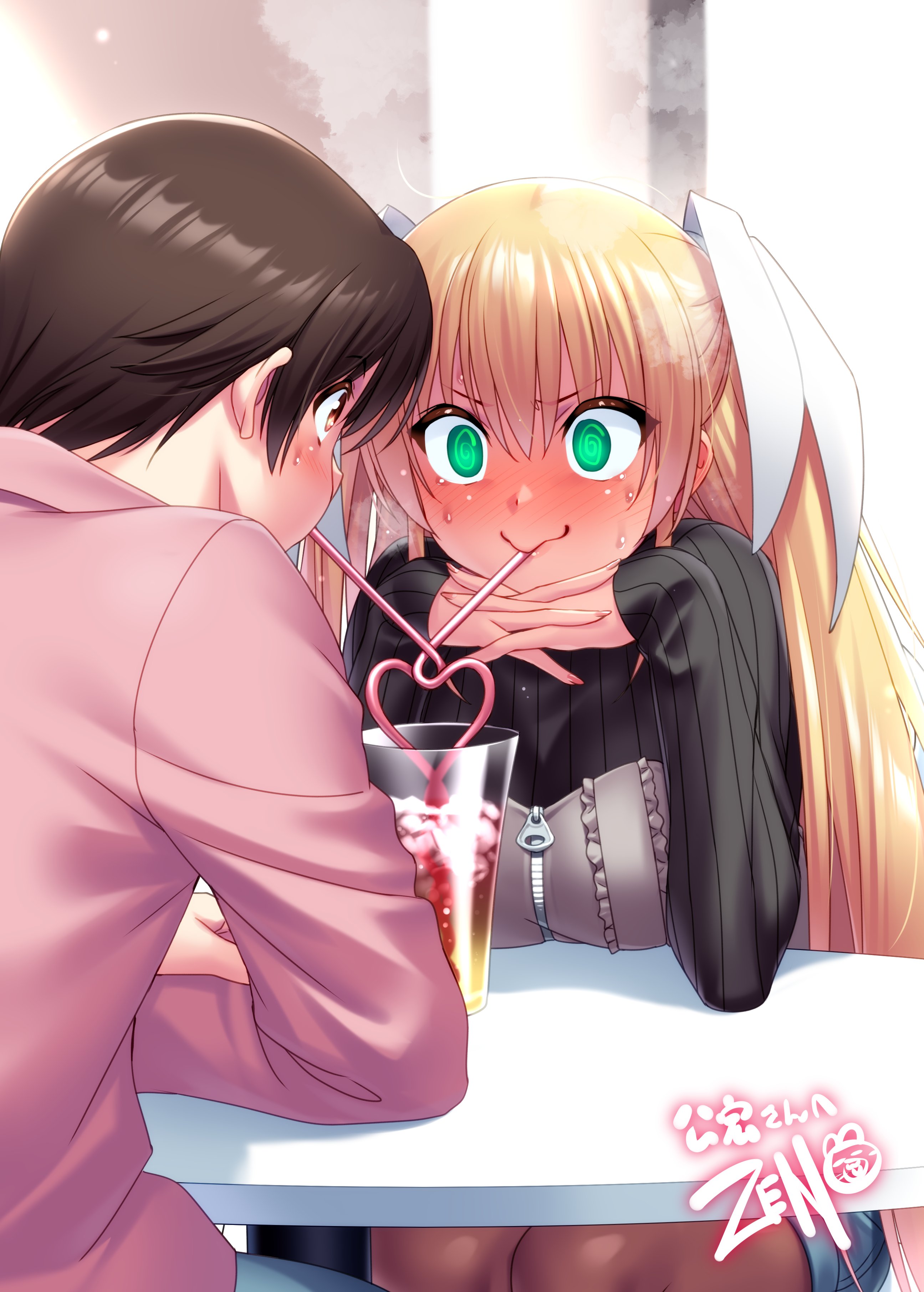 zen (kamuro), naoe riki, tokido saya, little busters!, absurdres, commentary request, commission, highres, second-party source, skeb commission, 1boy, 1girl, @ @, alternate costume, black sweater, blonde hair, blush, brown eyes, brown hair, brown pantyhose, casual, closed mouth, cowboy shot, dating, denim, denim shorts, drinking straw, drinking straw in mouth, elbows on table, embarrassed, eye contact, eyes visible through hair, fingernails, full-face blush, green eyes, hair between eyes, hair ribbon, hands up, heart, hetero, interlocked fingers, jacket, long hair, looking at another, nervous smile, nervous sweating, nose blush, own hands together, pantyhose, pink jacket, ribbed sweater, ribbon, shared drink, short hair, shorts, signature, sitting, sleeves past wrists, smile, steaming body, straight hair, sweat, sweater, two side up, v-shaped eyebrows, very long hair, wavy mouth, white ribbon, wide-eyed, zipper