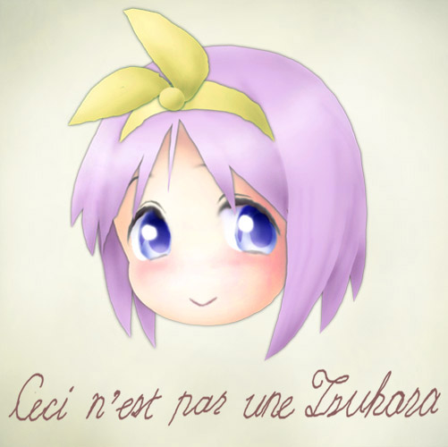 leica (leica xx), hiiragi tsukasa, la trahison des images, lucky star, head, bad id, bad pixiv id, 1girl, :>, blue eyes, female focus, fine art parody, french text, parody, purple hair, ribbon, short hair, solo