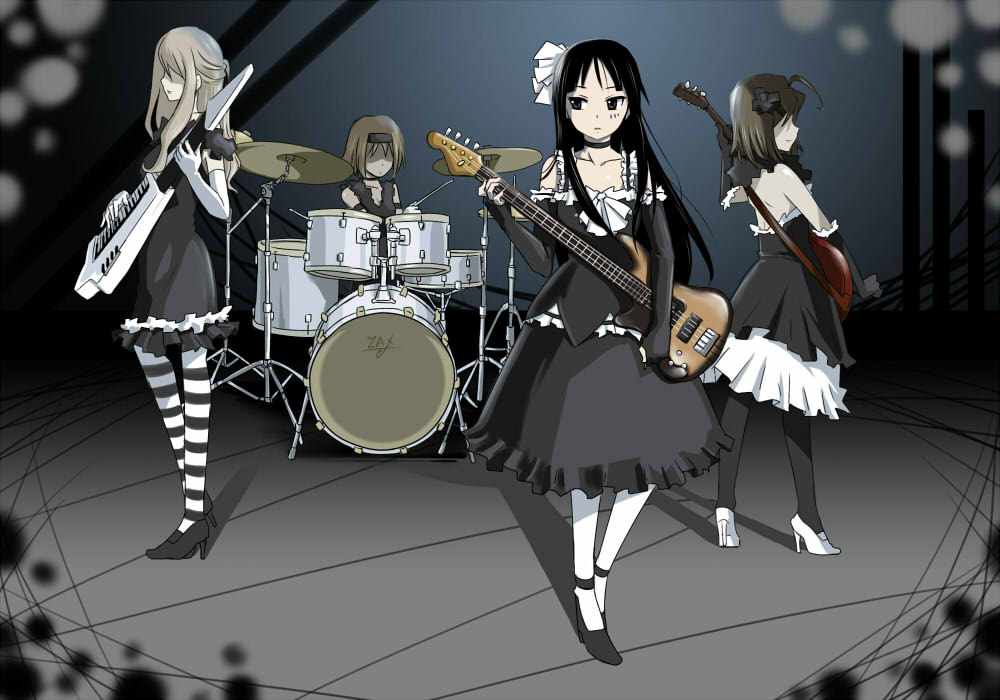 zax, zaxwu, akiyama mio, hirasawa yui, kotobuki tsumugi, tainaka ritsu, don't say "lazy", k-on!, black footwear, black legwear, striped legwear, white footwear, bad id, bad pixiv id, 00s, 4girls, band (music), bass guitar, black & white, black dress, blunt bangs, dress, drum, drum set, gothic lolita, guitar, hairband, hime cut, ho-kago tea time, instrument, keyboard, keytar, lolita fashion, multiple girls, pantyhose, patterned legwear, shoes, striped clothes, striped pantyhose, two-tone stripes, white pantyhose