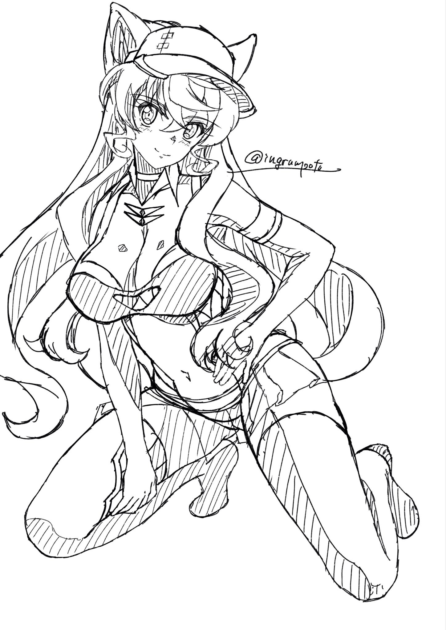 kyomeihibiki, maria cadenzavna eve, senki zesshou symphogear, highres, 1girl, breasts, cleavage, greyscale, hair between eyes, hat, highleg, large breasts, long hair, looking at viewer, monochrome, navel, race queen, smile, solo, squatting, thighhighs, very long hair