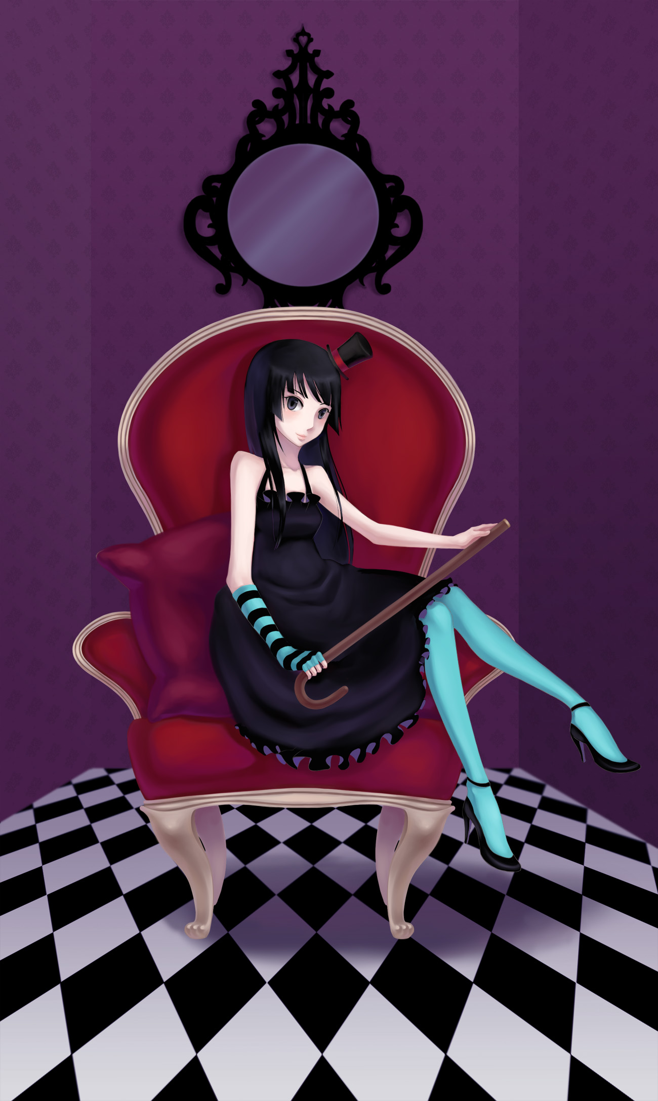 penpen (penpen1942), akiyama mio, don't say "lazy", k-on!, striped, bad id, bad pixiv id, highres, 00s, 1girl, black hair, blue pantyhose, blunt bangs, female focus, gothic lolita, hat, high heels, hime cut, lolita fashion, long hair, mini hat, mini top hat, pantyhose, shoes, solo, top hat