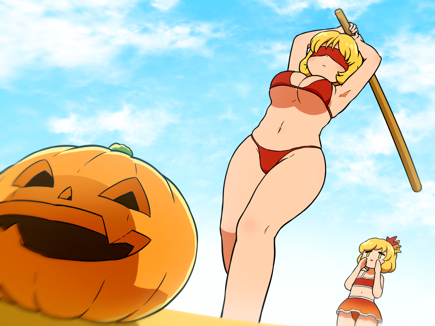 shirosato, aki minoriko, aki shizuha, touhou, commentary request, 2girls, armpits, arms up, bikini, bikini skirt, blindfold, blonde hair, blue sky, breasts, closed mouth, cloud, feet out of frame, flat chest, hair ornament, halloween, holding, holding stick, jack-o'-lantern, large breasts, leaf hair ornament, midriff, multiple girls, navel, outdoors, red bikini, short hair, siblings, sisters, sky, standing, stick, suikawari, swimsuit