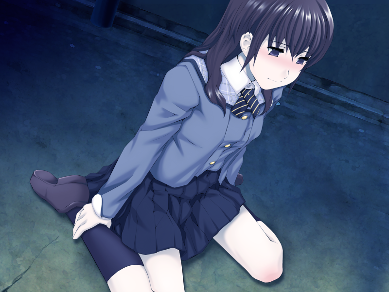 takano kou, sakakibara miya, you katana jiken, youtou jiken, game cg, 1girl, black hair, blush, female focus, kneeling, leg hold, long hair, school uniform, sitting, solo