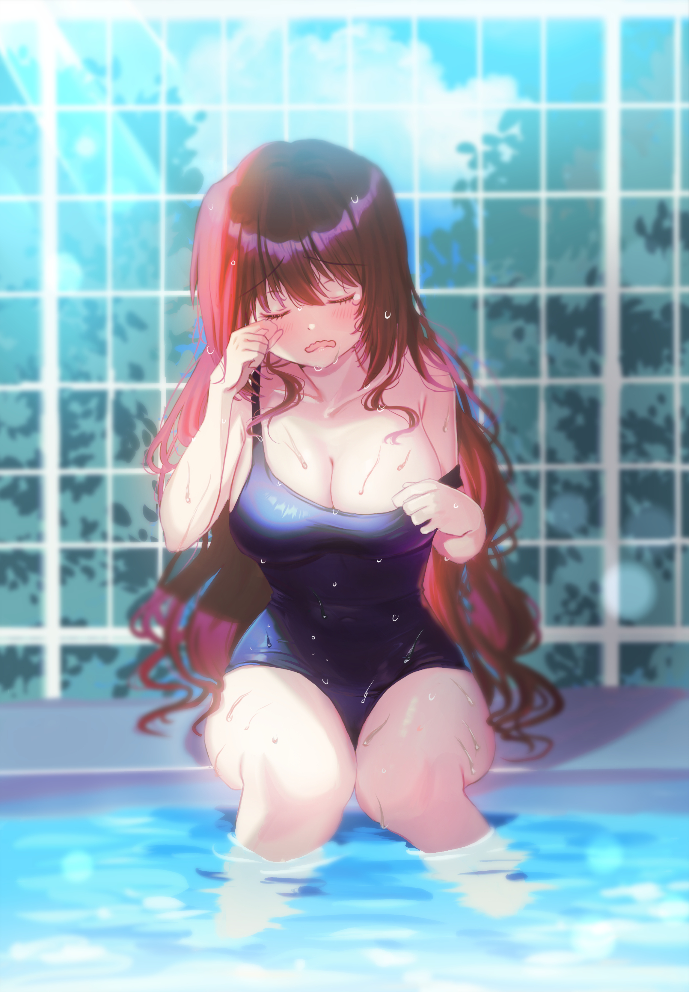miiizuno lbs, a-chan (little busters!), kud wafter, little busters!, absurdres, commentary request, highres, 1girl, armpit crease, bare arms, bare shoulders, blue one-piece swimsuit, blush, breasts, brown hair, cleavage, closed eyes, covered navel, curvy, day, eyelashes, facing viewer, feet out of frame, frown, furrowed brow, hair between eyes, hands up, knees together feet apart, large breasts, long hair, one-piece swimsuit, open mouth, outdoors, poolside, rubbing eyes, sad, school swimsuit, sidelighting, sidelocks, sitting, soaking feet, solo, strap slip, sunlight, swimsuit, thighs, very long hair, wading, water, wavy hair, wavy mouth, wet, wet clothes, wet hair, wet swimsuit