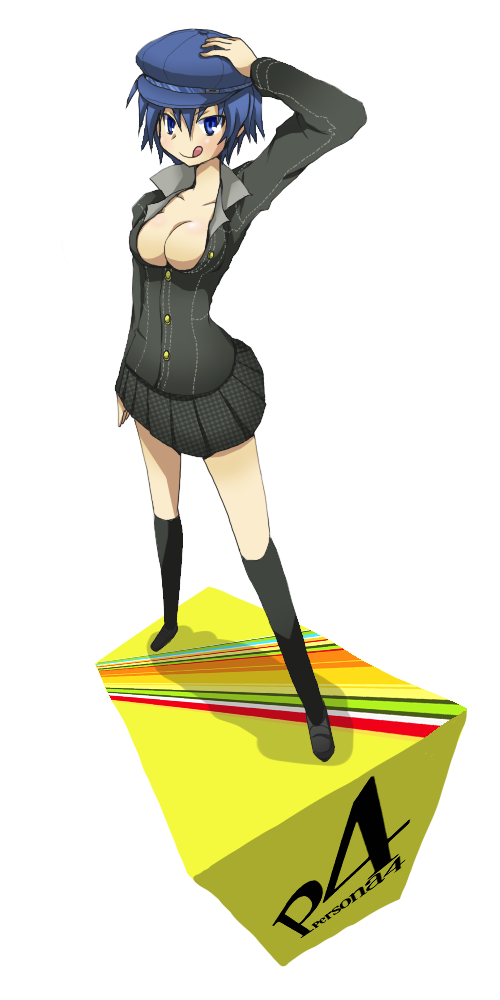 chiizu ochaduke, shirogane naoto, atlus, persona, persona 4, :p, black thighhighs, blue hair, blue hat, breasts, cleavage, copyright name, full body, hat, large breasts, newsboy cap, short hair, simple background, skirt, solo, thighhighs, tongue, tongue out, white background