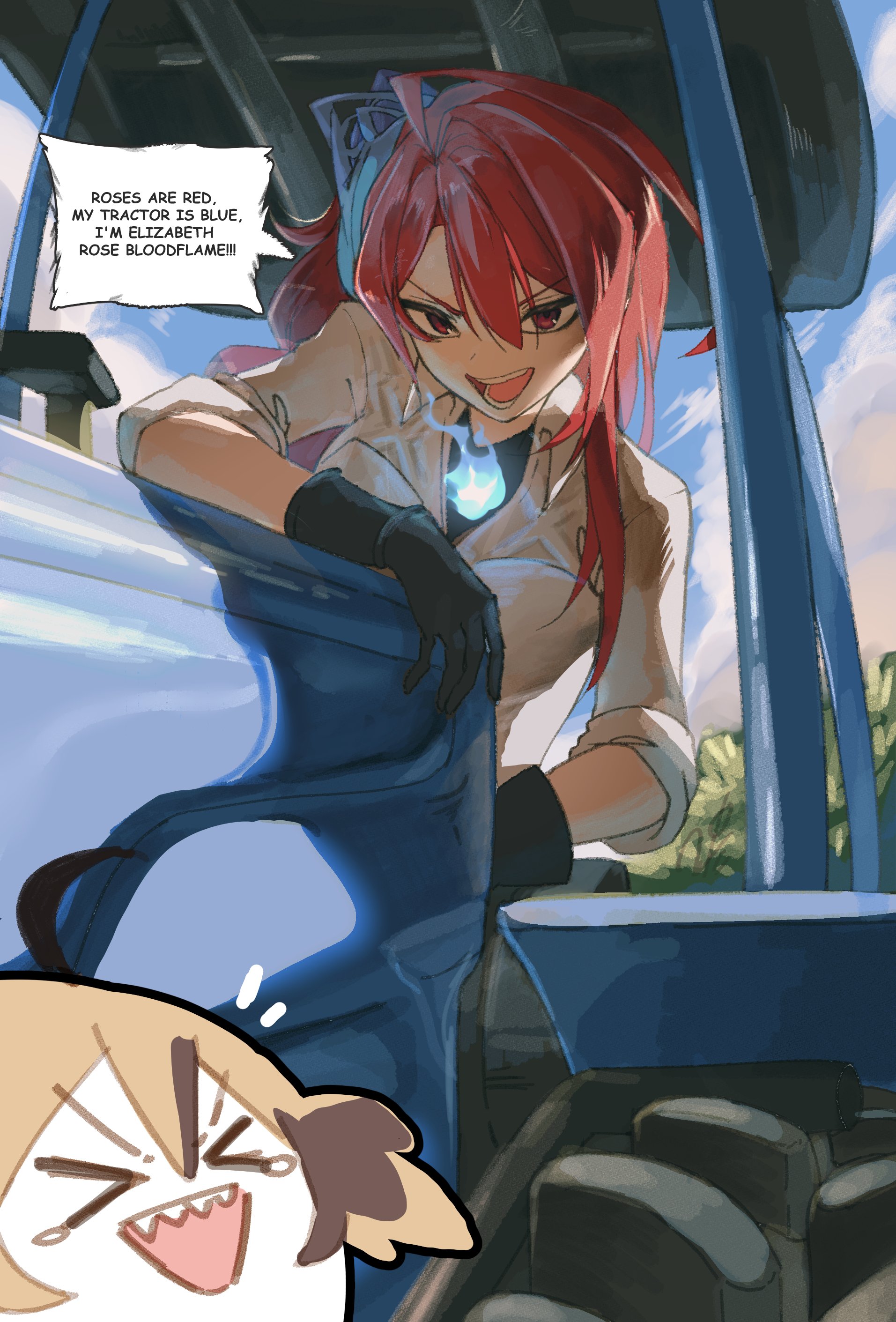 insfidelie, elizabeth rose bloodflame, gigi murin, hololive, hololive english, absurdres, highres, > <, 2girls, black gloves, blonde hair, blue fire, brown hair, english text, fire, fire on chest, gloves, hair between eyes, long hair, motor vehicle, multicolored hair, multiple girls, open mouth, red eyes, red hair, shirt, speech bubble, tractor, two-tone hair, virtual youtuber, white shirt