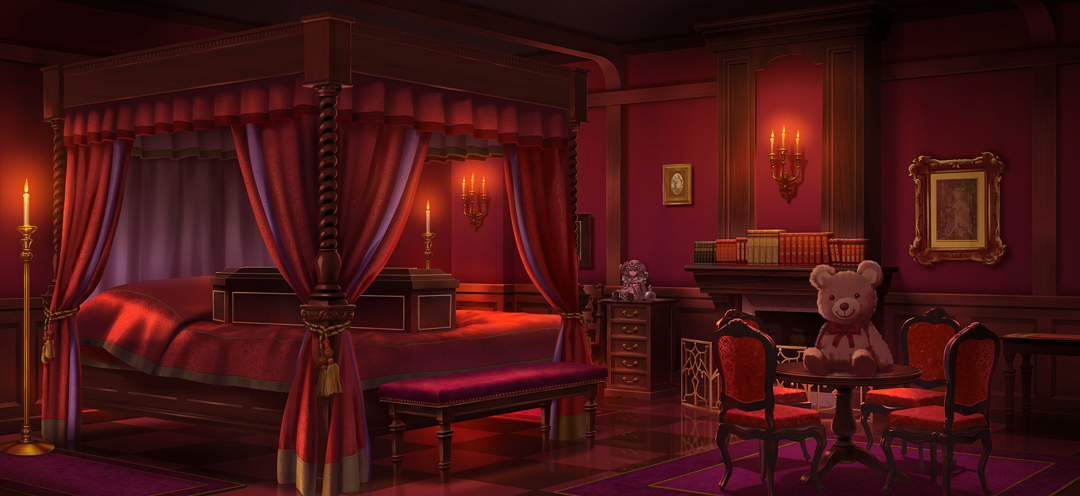remilia scarlet, touhou, touhou gensou eclipse, game cg, non-web source, official art, bed, bedroom, book, candelabra, candlestand, canopy bed, chair, character doll, chest of drawers, coffin, doll, fireplace, indoors, no humans, picture frame, scarlet devil mansion, scenery, stuffed animal, stuffed toy, table, teddy bear