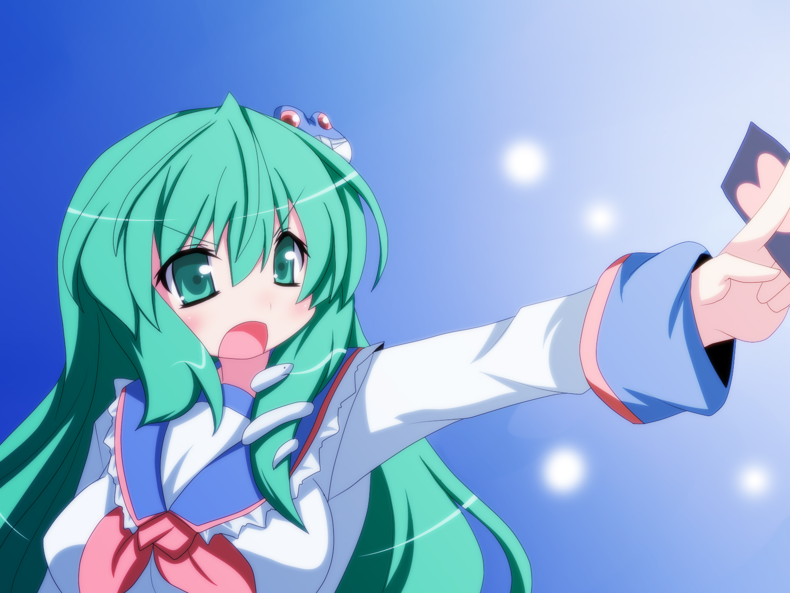 oborotsuki kakeru, kochiya sanae, touhou, highres, 1girl, alternate costume, breasts, female focus, gradient background, school uniform, serafuku, solo, upper body