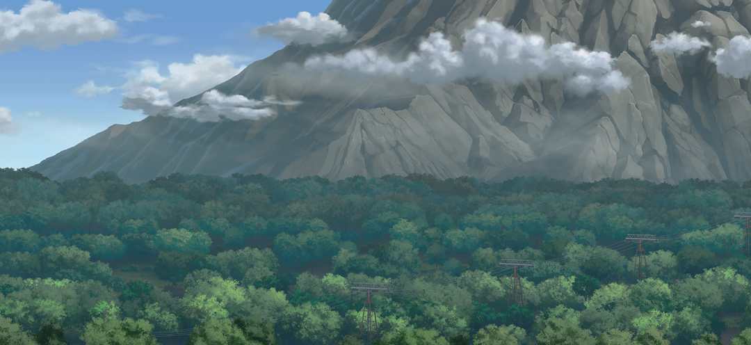 touhou, touhou gensou eclipse, game cg, non-web source, official art, blue sky, cloud, day, forest, mountain, nature, no humans, outdoors, power lines, scenery, sky, transmission tower