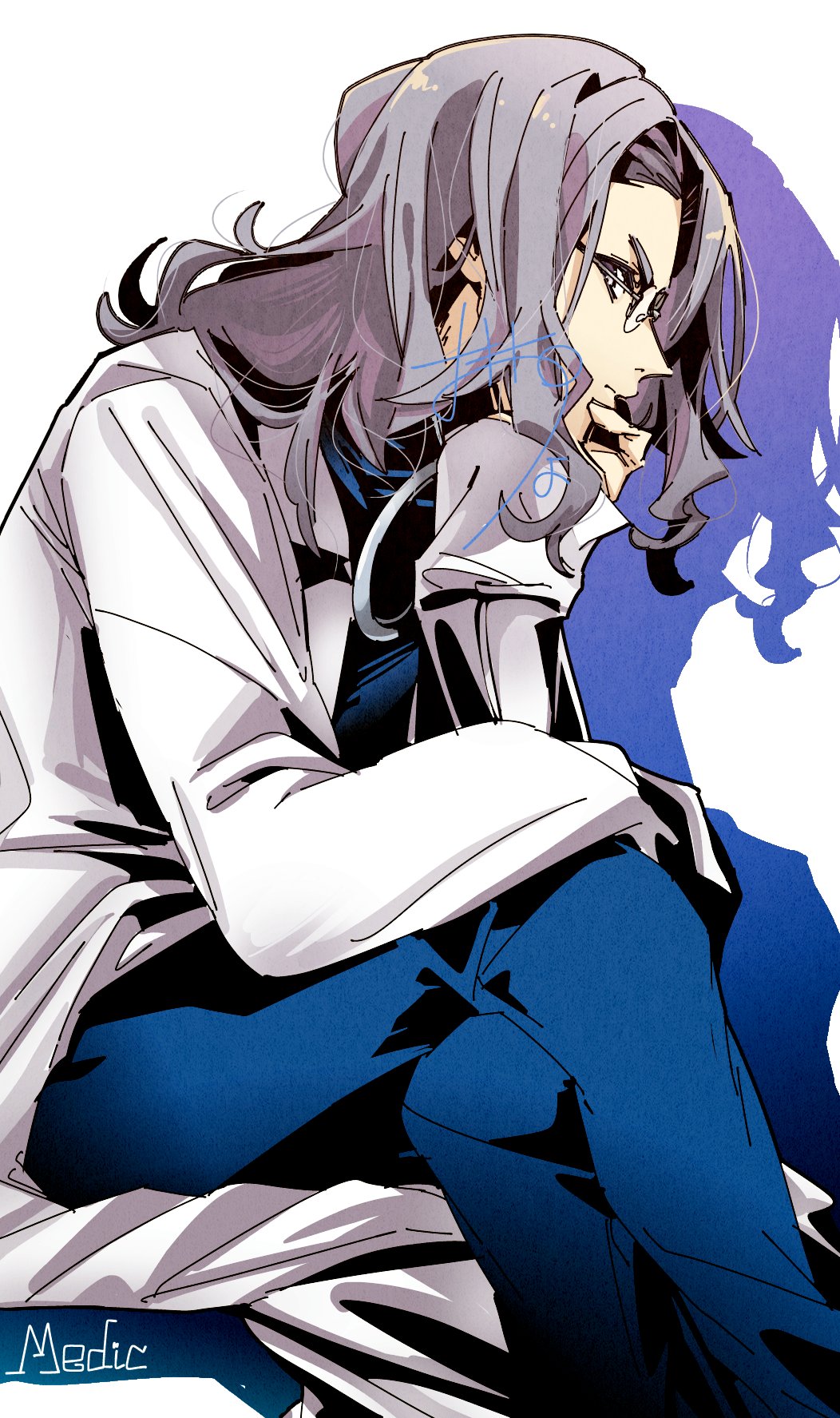 chicken curry, simon yorke, etrian odyssey, sekaiju no meikyuu, shin sekaiju no meikyuu, highres, 1boy, blue pants, crossed legs, glasses, grey eyes, grey hair, lab coat, long hair, looking at viewer, male focus, pants