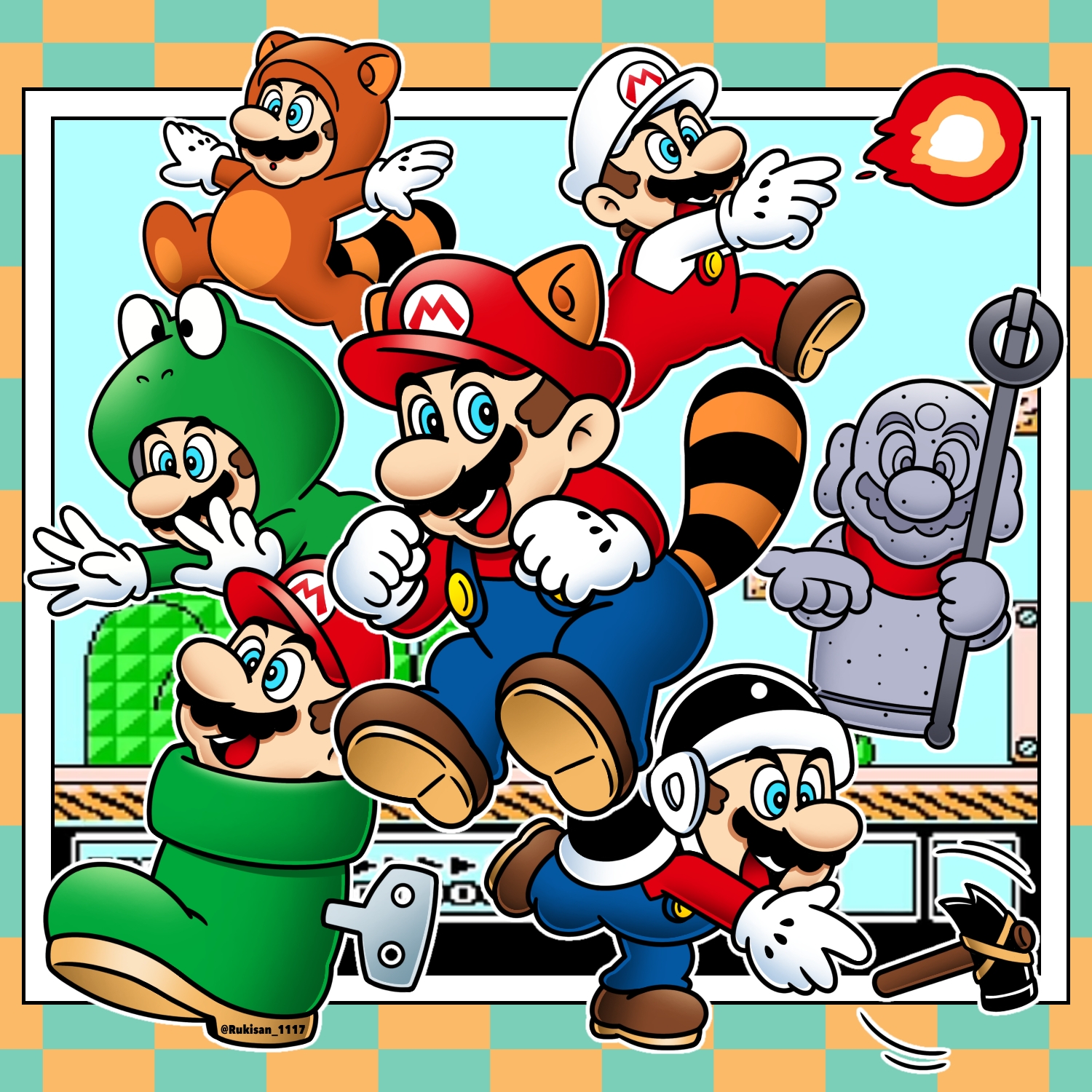 fire mario, frog mario, hammer mario, kuribo's shoe, mario, raccoon mario, tanooki mario, mario (series), nintendo, super mario bros. 3, highres, brown hair, brown shoes, facial hair, fireball, flying, full body, gloves, grin, jumping, mustache, overalls, raccoon tail, shoes, smile, statue mario, tail