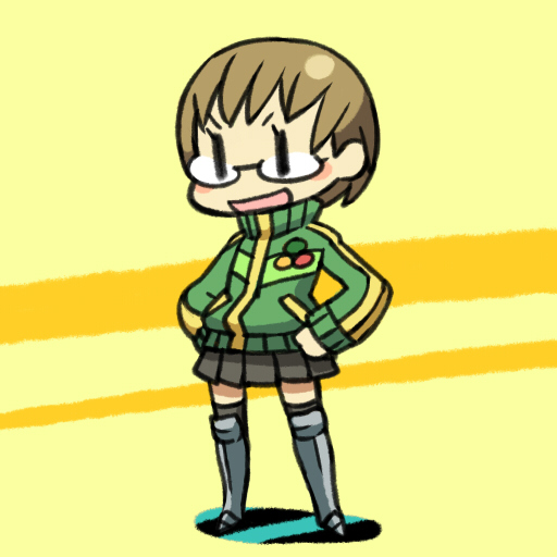 chan co, satonaka chie, atlus, persona, persona 4, brown hair, chibi, full body, glasses, jacket, short hair, solo, standing, tomboy