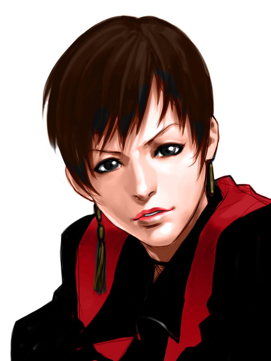 vice (kof), the king of fighters, highres, 1girl, black eyes, brown hair, earrings, female focus, formal clothes, jewelry, looking at viewer, pale skin, short hair, suit