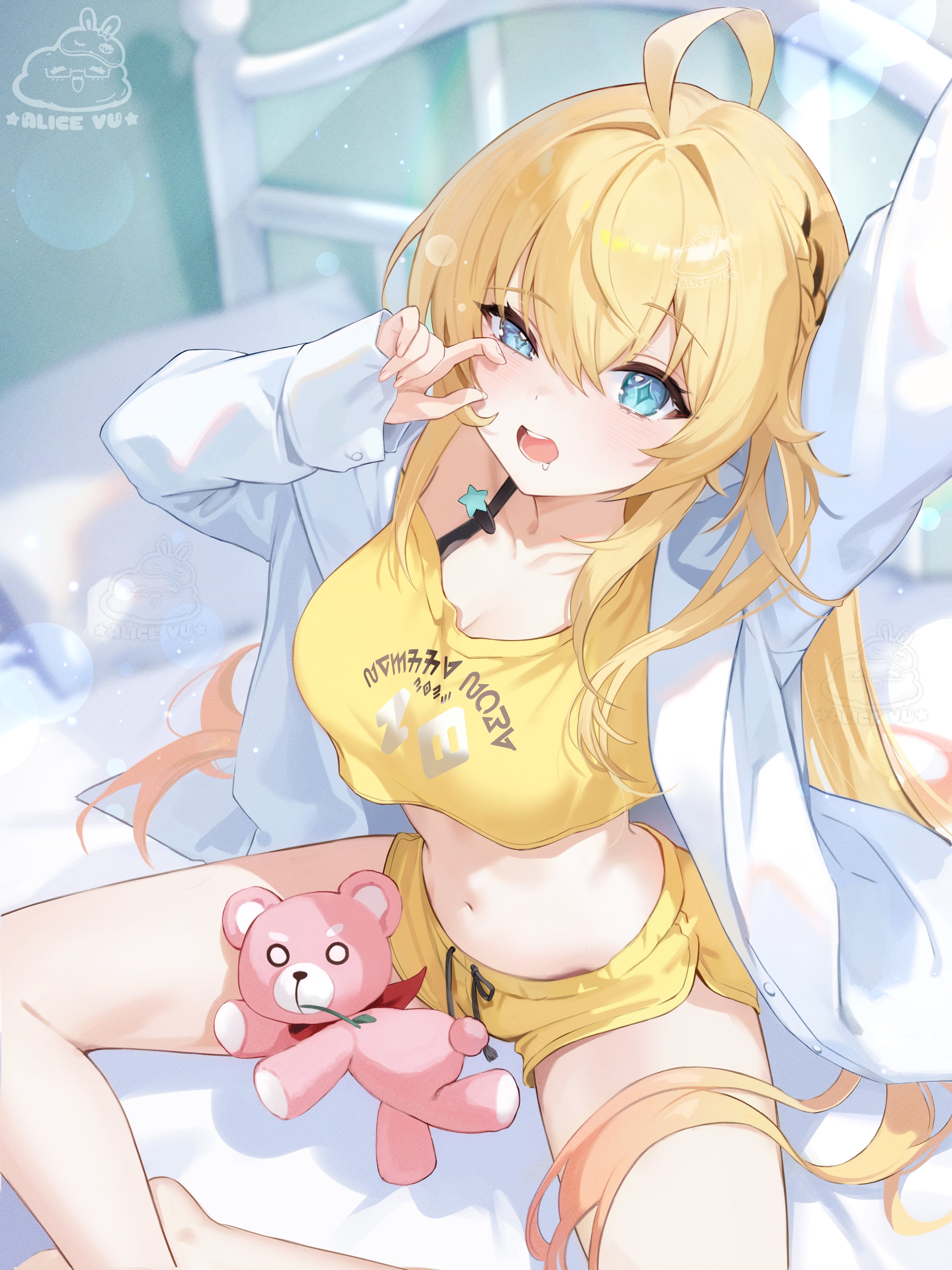 alice vu, noya (stella sora), stella sora, absurdres, commentary, highres, 1girl, arm up, artist logo, artist name, bed sheet, blonde hair, blue eyes, breasts, crop top, dolphin shorts, drooling, hair between eyes, jacket, large breasts, logo, long hair, long sleeves, looking at viewer, midriff, navel, on bed, open clothes, open jacket, open mouth, pillow, rubbing eyes, shirt, short shorts, shorts, sitting, solo, stuffed animal, stuffed toy, symbol-shaped pupils, teddy bear, teeth, thighs, upper teeth only, white jacket, yawning, yellow shirt, yellow shorts