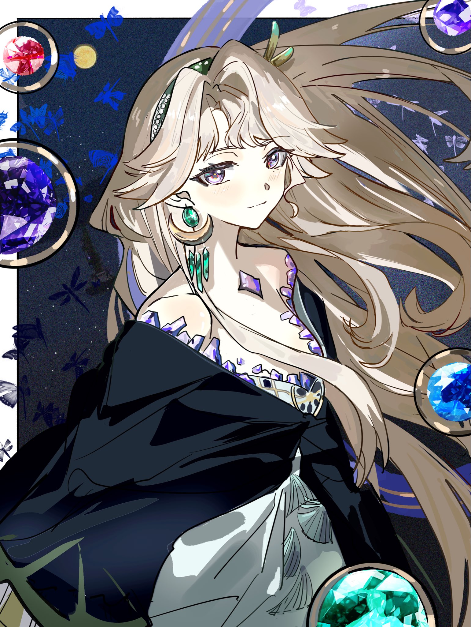 seventeen meimi, reverse:1999, highres, 1girl, bare shoulders, beryl bouanich, black cloak, blue background, blue eyes, blue gemstone, bug, cloak, closed mouth, crystal earrings, dragonfly, dress, earrings, floating earrings, floating hair, gem, green gemstone, grey hair, hair ornament, insect, jewelry, long hair, looking at viewer, mismatched earrings, off-shoulder dress, off shoulder, purple gemstone, red gemstone, smile, solo, upper body, white dress