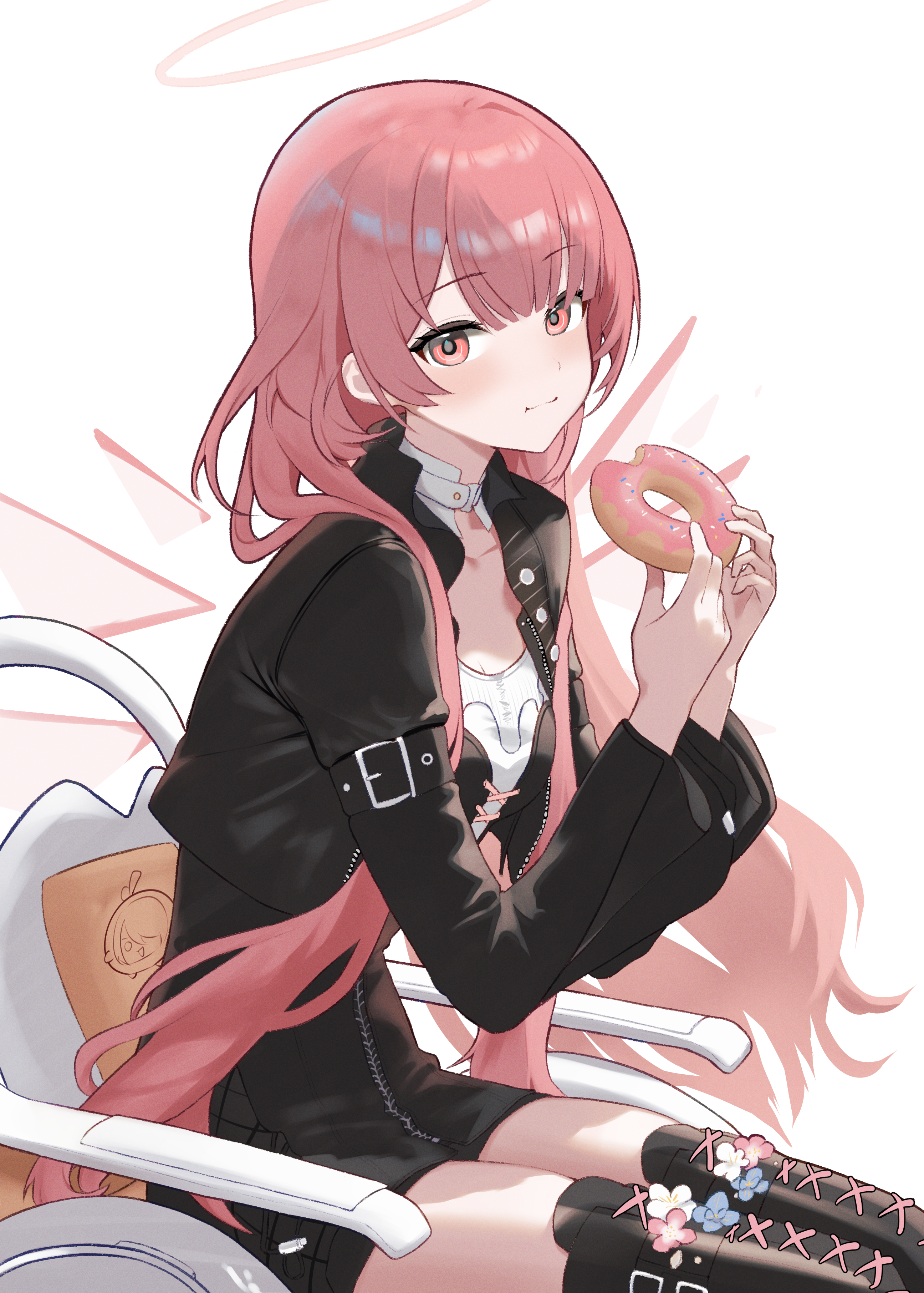 dr.lamina, lemuen (arknights), arknights, absurdres, commentary, highres, 1girl, angel, black boots, black dress, black jacket, boots, breasts, detached wings, donut, dress, eating, food, food in mouth, halo, holding, holding donut, holding food, jacket, long hair, looking at viewer, pink eyes, pink hair, simple background, small breasts, solo, thighs, very long hair, wheelchair, white background, wings