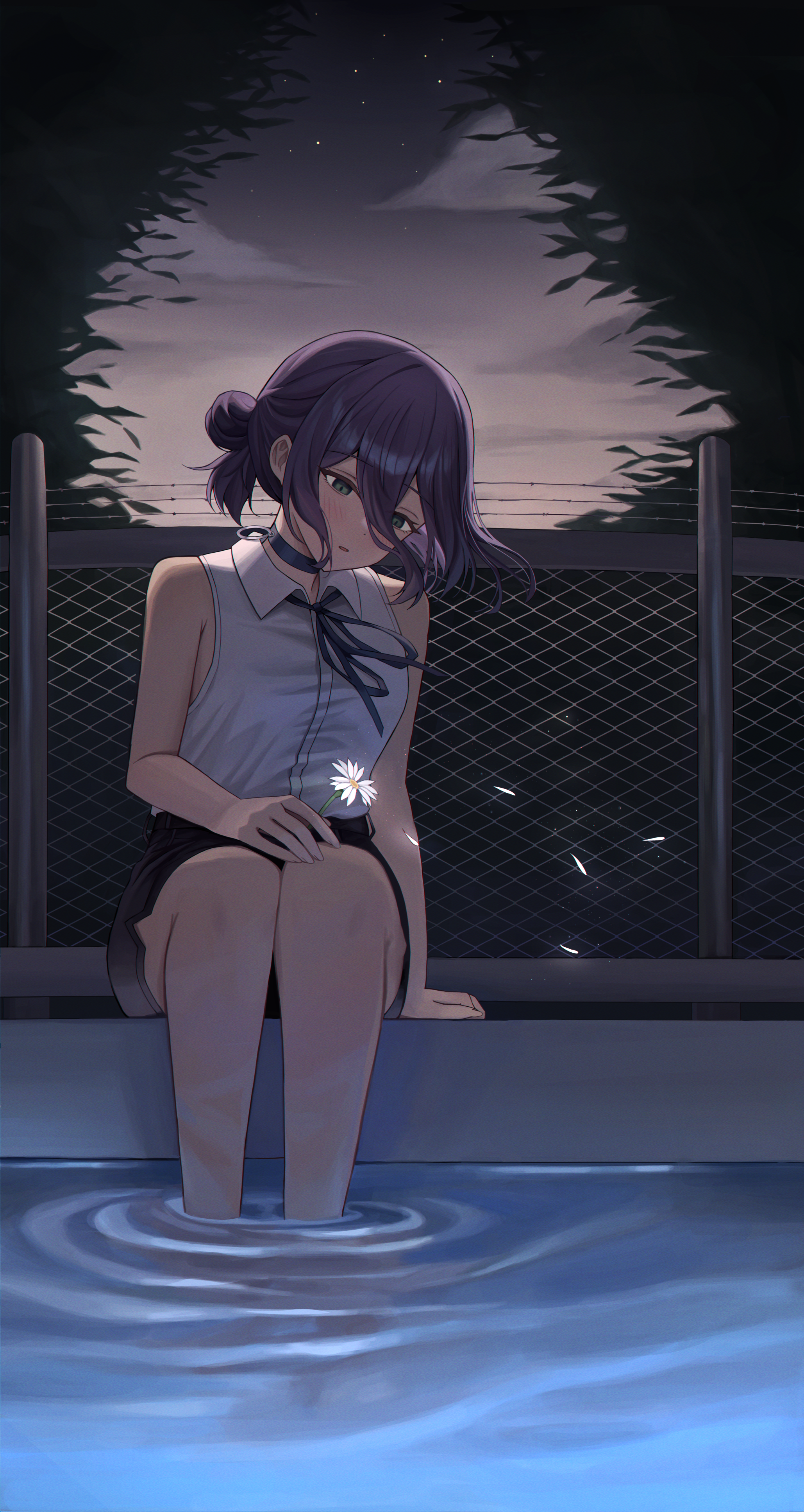 khan 0204, reze (chainsaw man), chainsaw man, absurdres, highres, 1girl, black ribbon, chain-link fence, dusk, fence, flower, green eyes, grenade pin, grey shirt, hair between eyes, hair bun, holding, holding flower, neck ribbon, outdoors, pool, poolside, purple hair, ribbon, shirt, sleeveless, sleeveless shirt, soaking feet, solo, white flower
