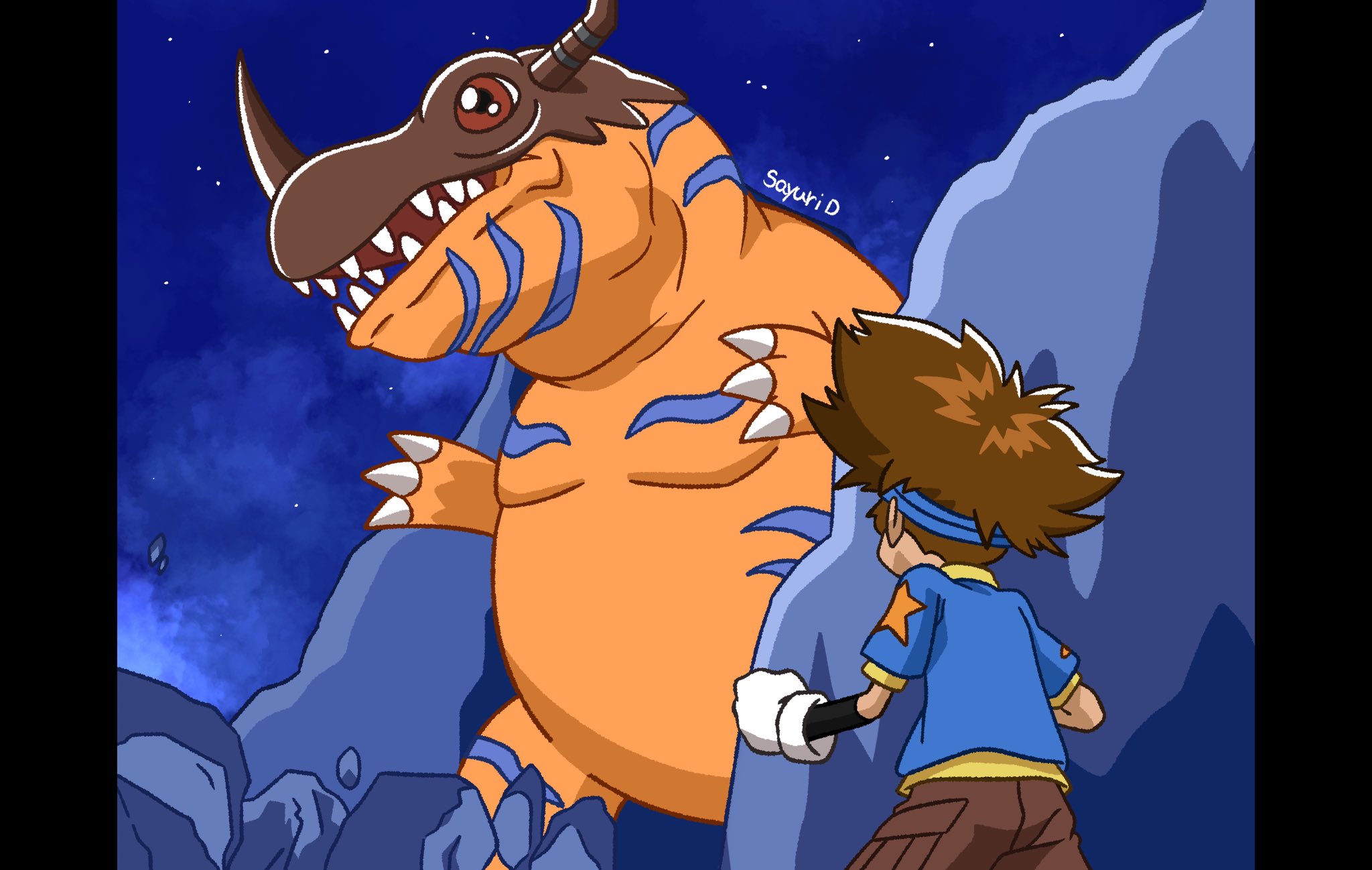 sayuri d (liliana86973943), greymon, yagami taichi, digimon, digimon adventure, highres, 1boy, brown hair, claws, colored skin, digimon (creature), dinosaur, fat, gloves, goggles, goggles on head, horns, male focus, open mouth, orange scales, orange skin, parody, red eyes, sharp teeth, shirt, short hair, teeth