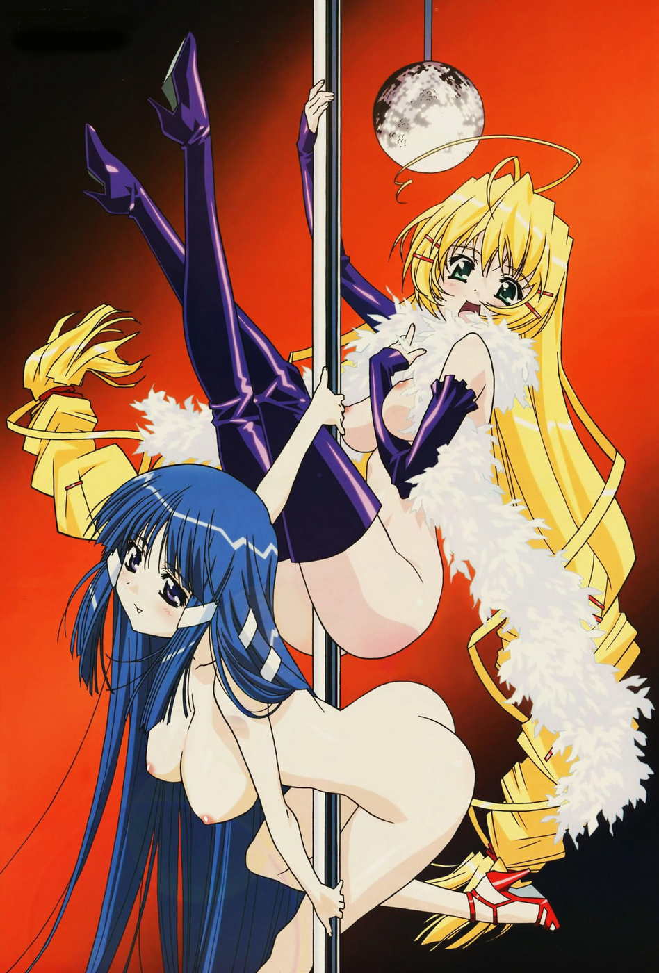 highres, tagme, 2girls, ass, blonde hair, blue hair, breasts, female focus, multiple girls, nipples, nude, stripper