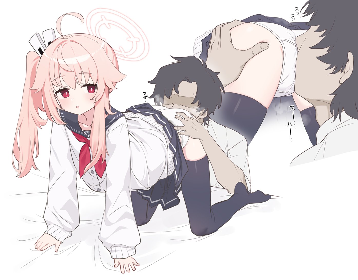 anba kohaku, natsu (blue archive), blue archive, 1boy, 1girl, :<, ahoge, all fours, black hair, black sailor collar, black skirt, black thighhighs, blush, bright pupils, cardigan, face in ass, faceless, faceless male, grabbing another's ass, groping, halo, long hair, long sleeves, neckerchief, open mouth, panties, pink hair, pink halo, pleated skirt, red eyes, red neckerchief, sailor collar, short hair, side ponytail, skirt, smelling, smelling ass, steaming body, thighhighs, underwear, white cardigan, white panties, white pupils