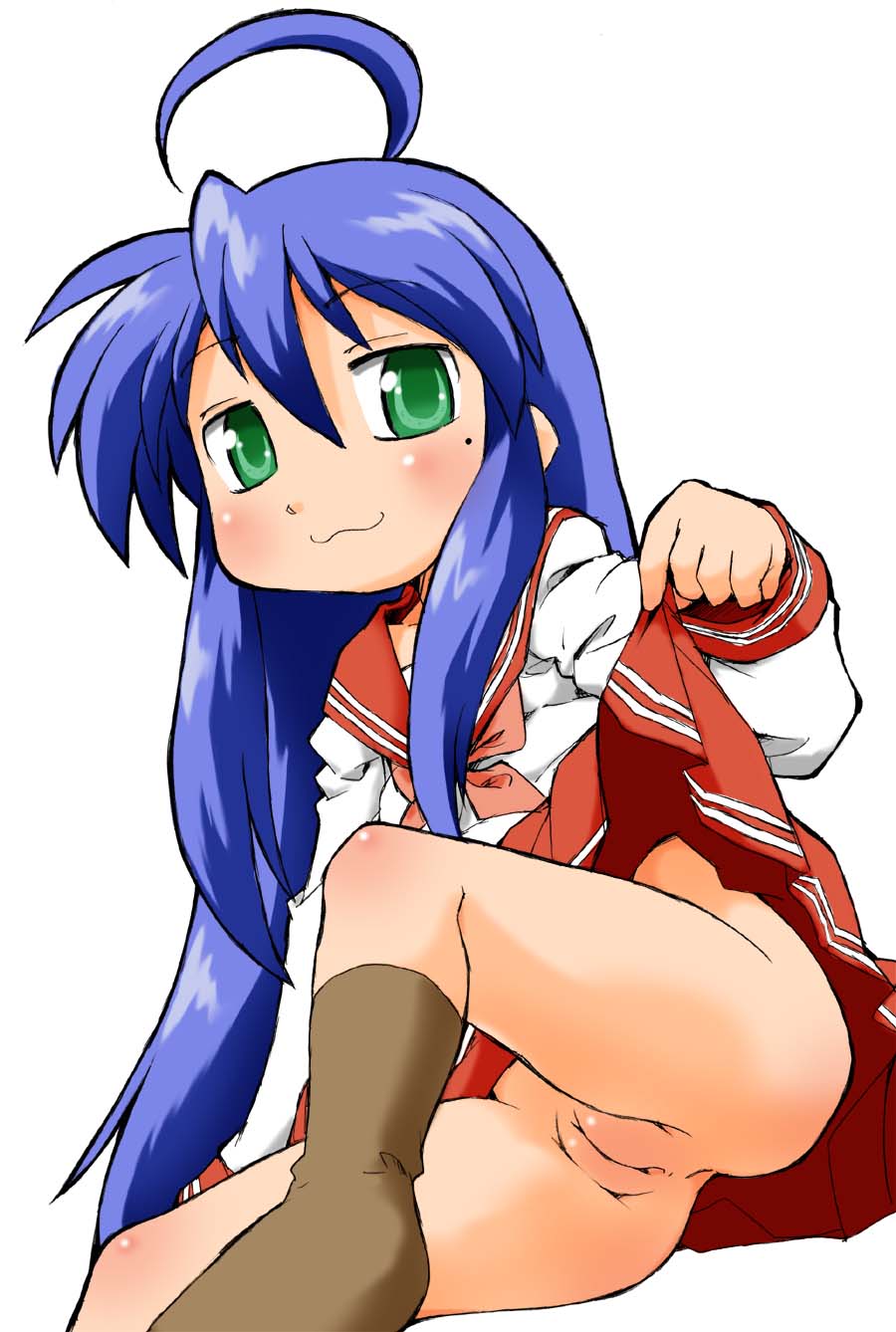 izumi konata, lucky star, highres, 00s, :3, ahoge, anus, ass, blue hair, blush, clothes lift, green eyes, lifting own clothes, loli, mole, mole under eye, no panties, pussy, school uniform, skirt, skirt lift, socks, uncensored, upskirt