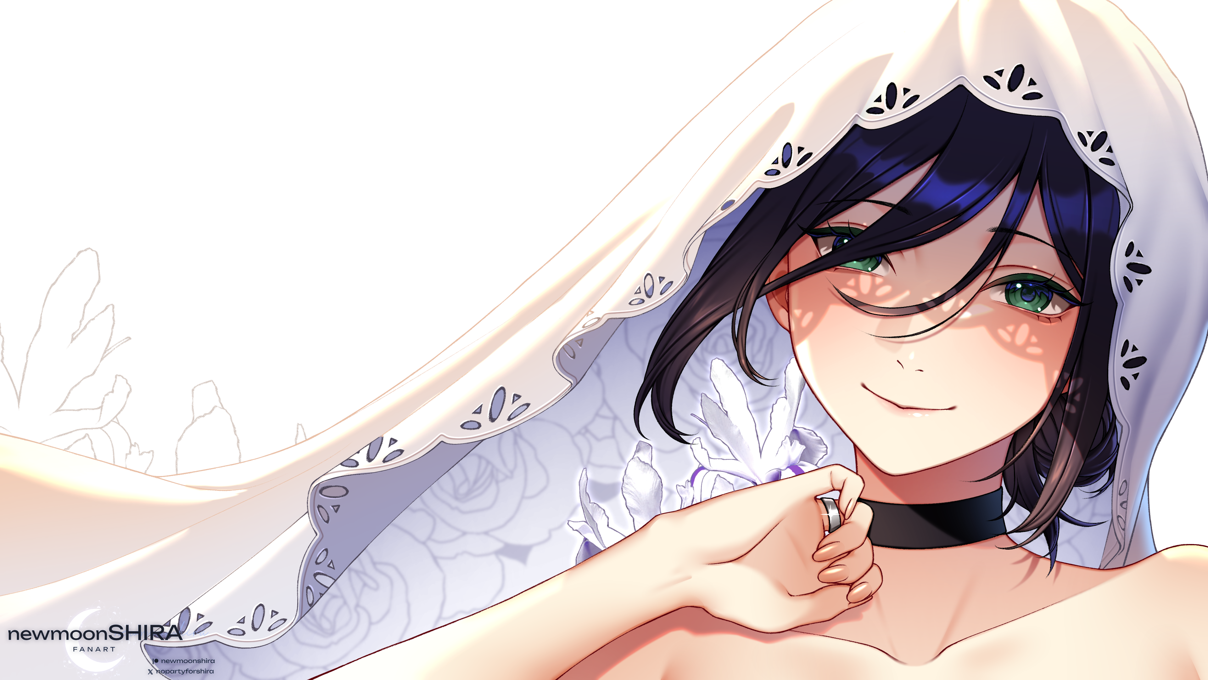 newmoonshira, reze (chainsaw man), chainsaw man, absurdres, highres, 1girl, black choker, black hair, choker, closed mouth, green eyes, jewelry, looking at viewer, ring, smile, solo, veil, white background