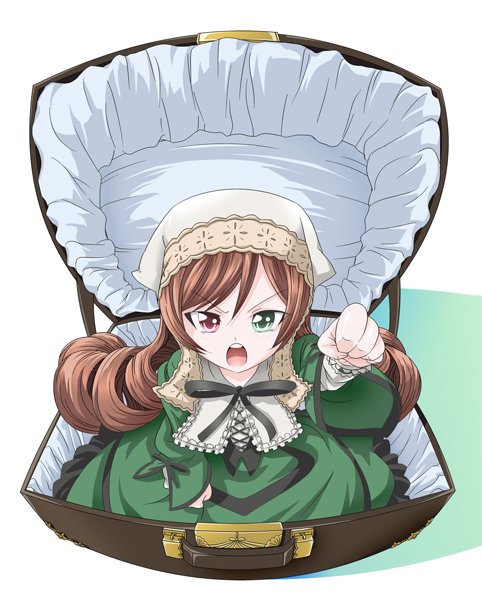 suiseiseki, rozen maiden, commentary request, 1girl, black ribbon, briefcase, brown hair, dress, drill hair, frilled shirt collar, frills, full body, green dress, green eyes, headscarf, heterochromia, in container, lolita fashion, long dress, long hair, long sleeves, looking at viewer, murakami shuugo, neck ribbon, open mouth, pointing, pointing at viewer, red eyes, ribbon, solo, twin drills, v-shaped eyebrows, white headscarf