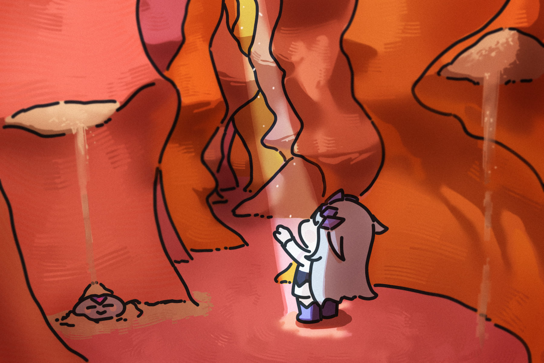 bing huyue, koseki bijou, koseki bijou (1st costume), pebble (koseki bijou), hololive, hololive english, commentary, english commentary, highres, 1girl, 1other, antelope canyon, arizona (state), arms up, canyon, chibi, closed eyes, gem, gem hair ornament, hair flaps, light rays, long hair, purple gemstone, purple hair, purple shoes, real world location, sand, shoes, united states, virtual youtuber