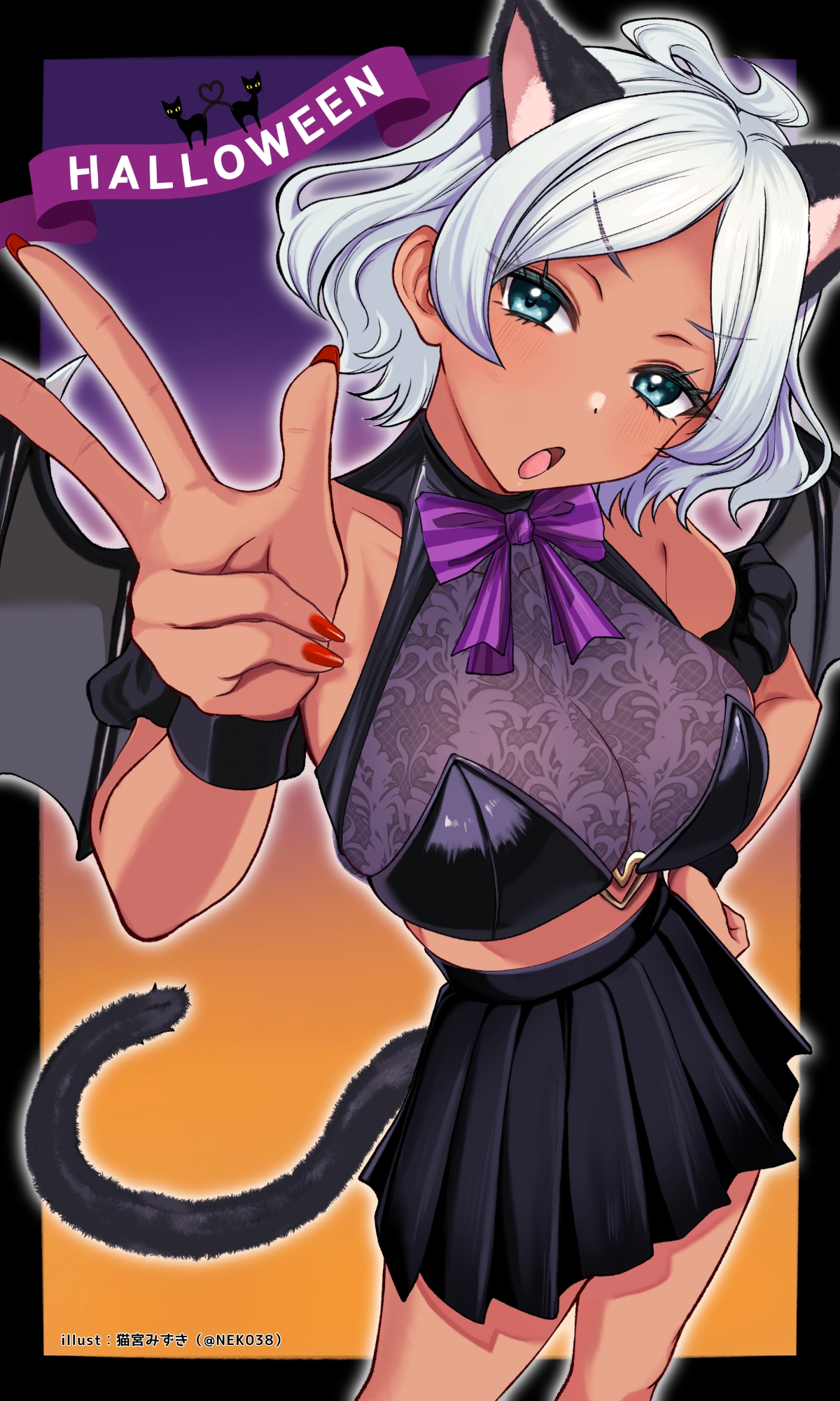nekomiya mizuki, secelia dote, gundam, gundam suisei no majo, highres, 1girl, ahoge, animal ears, armlet, black bustier, black skirt, blush, bow, bracelet, breasts, bustier, cat ears, cat tail, cleavage, dark-skinned female, dark skin, green eyes, halloween, halloween costume, jewelry, large breasts, midriff, open mouth, purple bow, red nails, skirt, tail, v, white hair