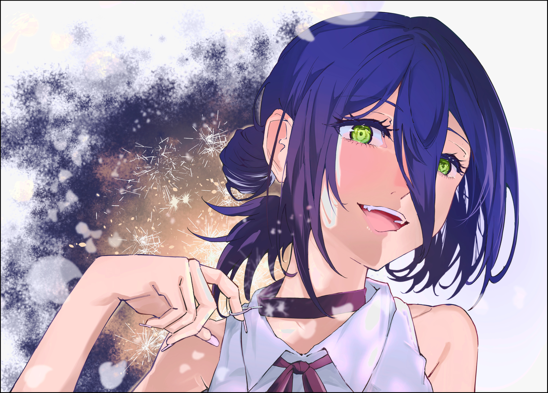 zetsuki (theendoftheworid), reze (chainsaw man), chainsaw man, highres, 1girl, blue hair, choker, collared shirt, fireworks, green eyes, grenade pin, hair between eyes, hair bun, looking at viewer, neck ribbon, open mouth, purple choker, purple ribbon, ribbon, shirt, solo, white shirt