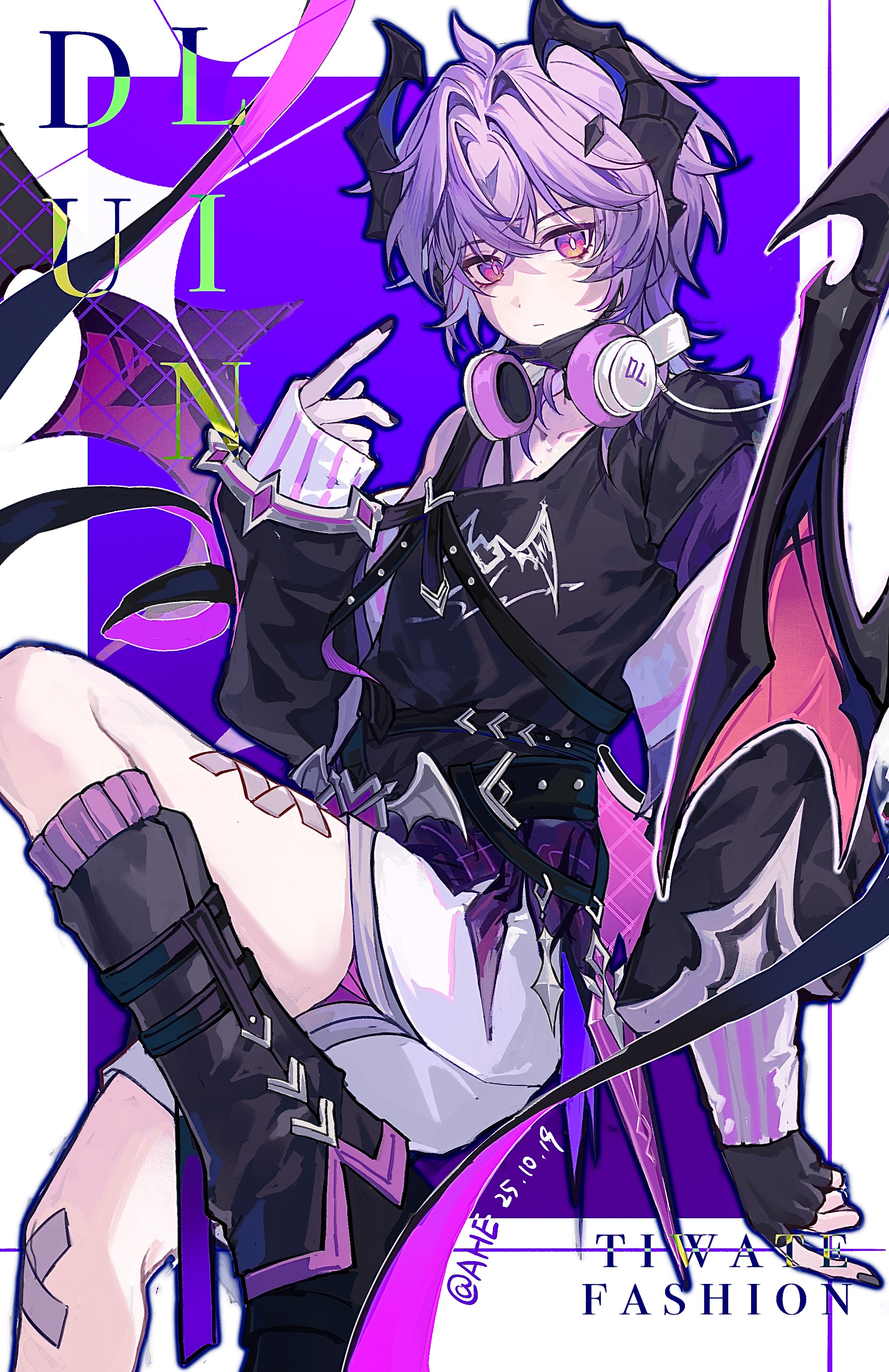 ahe63011, mini durin (genshin impact), mini durin (human) (genshin impact), genshin impact, absurdres, highres, 1boy, bandaid, bandaid on knee, bandaid on leg, black gloves, black nails, black shirt, boots, character name, closed mouth, demon boy, demon horns, demon wings, fingerless gloves, gloves, hair between eyes, headphones, headphones around neck, horns, jacket, jewelry, leg warmers, long sleeves, looking at viewer, male focus, purple background, purple eyes, purple hair, purple socks, purple theme, purple wings, shirt, short hair, shorts, sleeves past wrists, socks, solo, strap, white shorts, wings