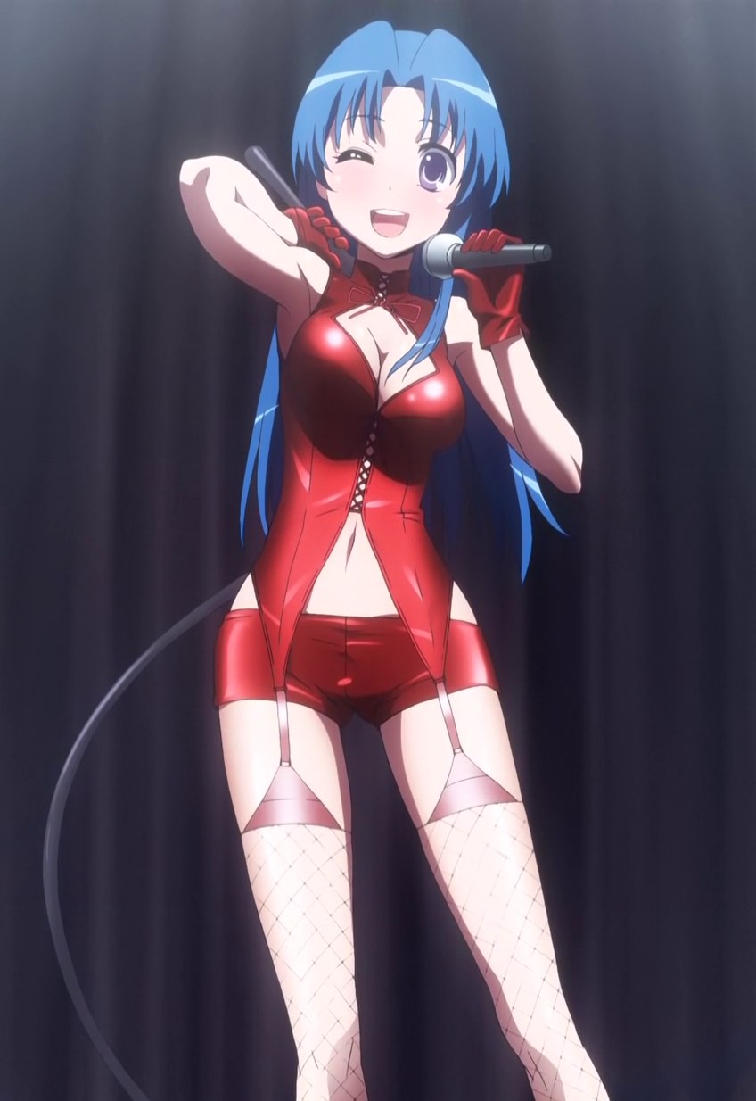 kawashima ami, toradora!, anime screenshot, highres, stitched, third-party edit, 00s, 1girl, blue eyes, blue hair, breasts, cleavage, female focus, fishnet thighhighs, fishnets, matching hair/eyes, microphone, short shorts, shorts, solo, thighhighs, whip