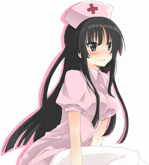 konno seara, akiyama mio, k-on!, bad id, bad pixiv id, 00s, 1girl, black hair, blunt bangs, blush, breasts, brown eyes, female focus, hat, hime cut, long hair, nurse, nurse cap, pantyhose, simple background, solo, tears, white pantyhose
