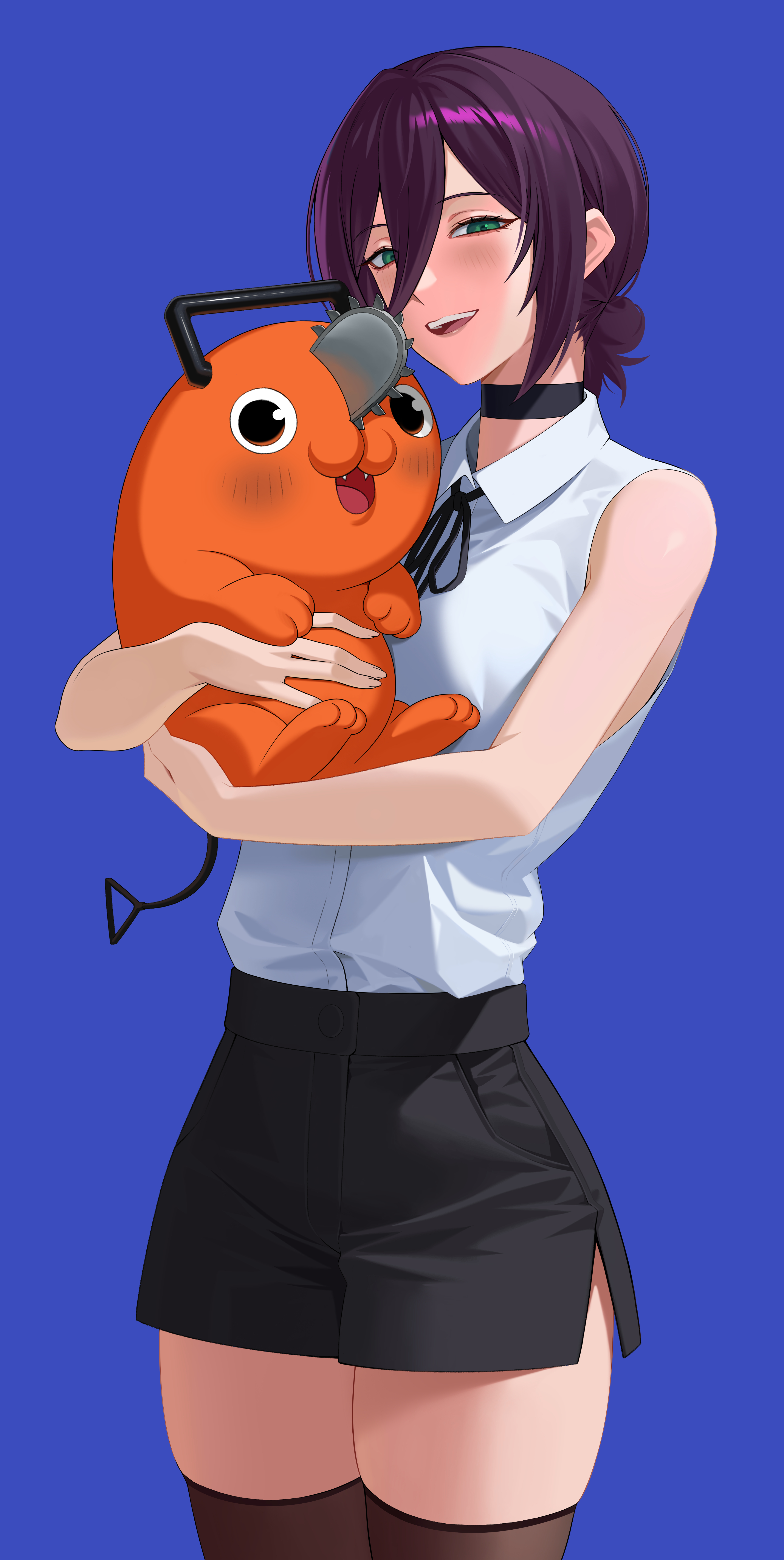 ekid 0, pochita (chainsaw man), reze (chainsaw man), chainsaw man, absurdres, highres, 1girl, black ribbon, black shorts, black thighhighs, blue background, carrying, choker, collared shirt, creature, green eyes, hair between eyes, holding, holding creature, looking at viewer, neck ribbon, open mouth, purple hair, ribbon, shirt, short shorts, shorts, simple background, sleeveless, sleeveless shirt, thighhighs, white shirt