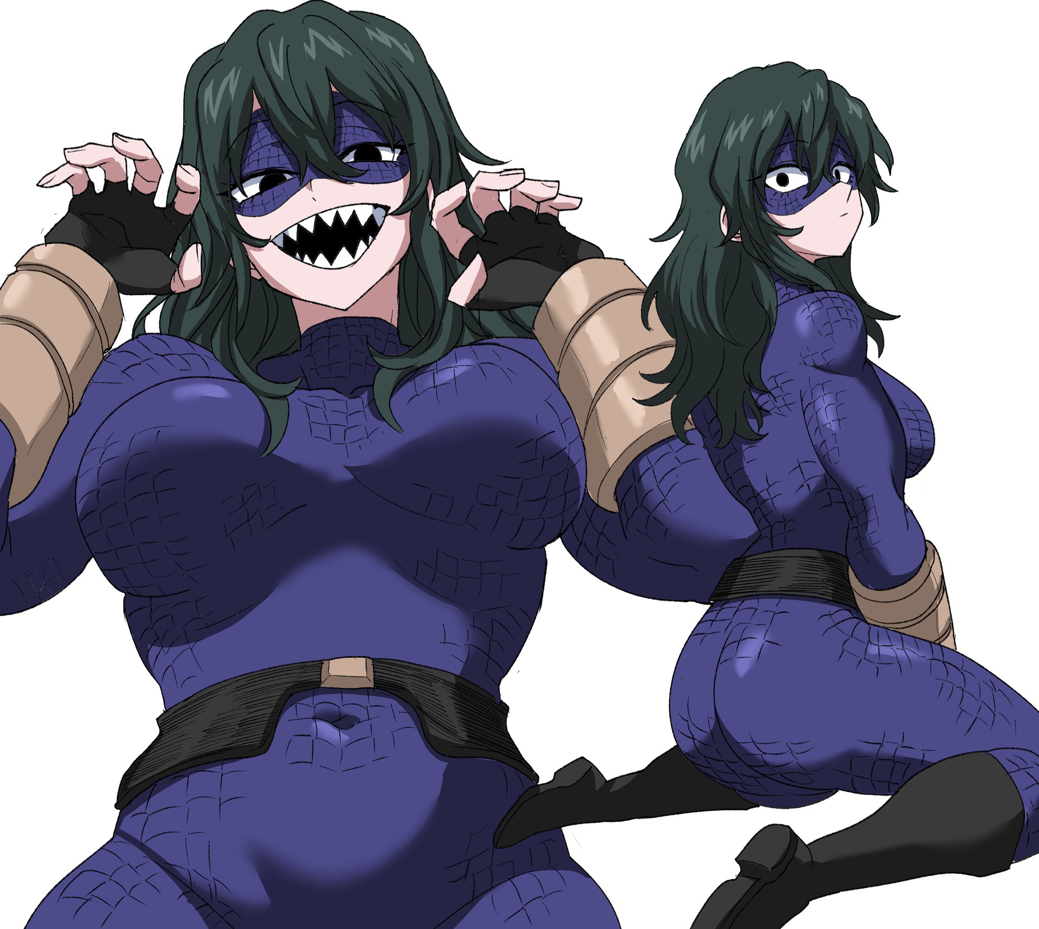 nasu (ilo a5), tokage setsuna, boku no hero academia, commentary, highres, black eyes, bodysuit, boots, breasts, domino mask, eye mask, fingerless gloves, gloves, green hair, kneeling, long hair, mask, multiple views, open mouth, purple bodysuit, sharp teeth, superhero costume, teeth