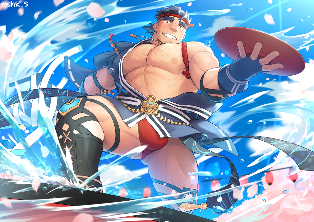 masa (mshk s), live a hero, 1boy, abs, artist name, bara, black hair, blue eyes, blue gloves, bulge, cherry blossoms, chest hair, cup, facial hair, falling petals, fingerless gloves, forked eyebrows, from below, fundoshi, gammei (live a hero), gloves, grin, happi, holding, holding cup, hydrokinesis, japanese clothes, jewelry, large pectorals, looking at viewer, male focus, mature male, muscular, muscular male, necklace, nejiri hachimaki, nipples, off shoulder, official alternate costume, on one knee, pectorals, petals, ponytail, red fundoshi, sakazuki, short hair, short ponytail, sideburns, smile, solo, stubble, tabi, thick eyebrows, thick thighs, thighs, undercut, waraji, water
