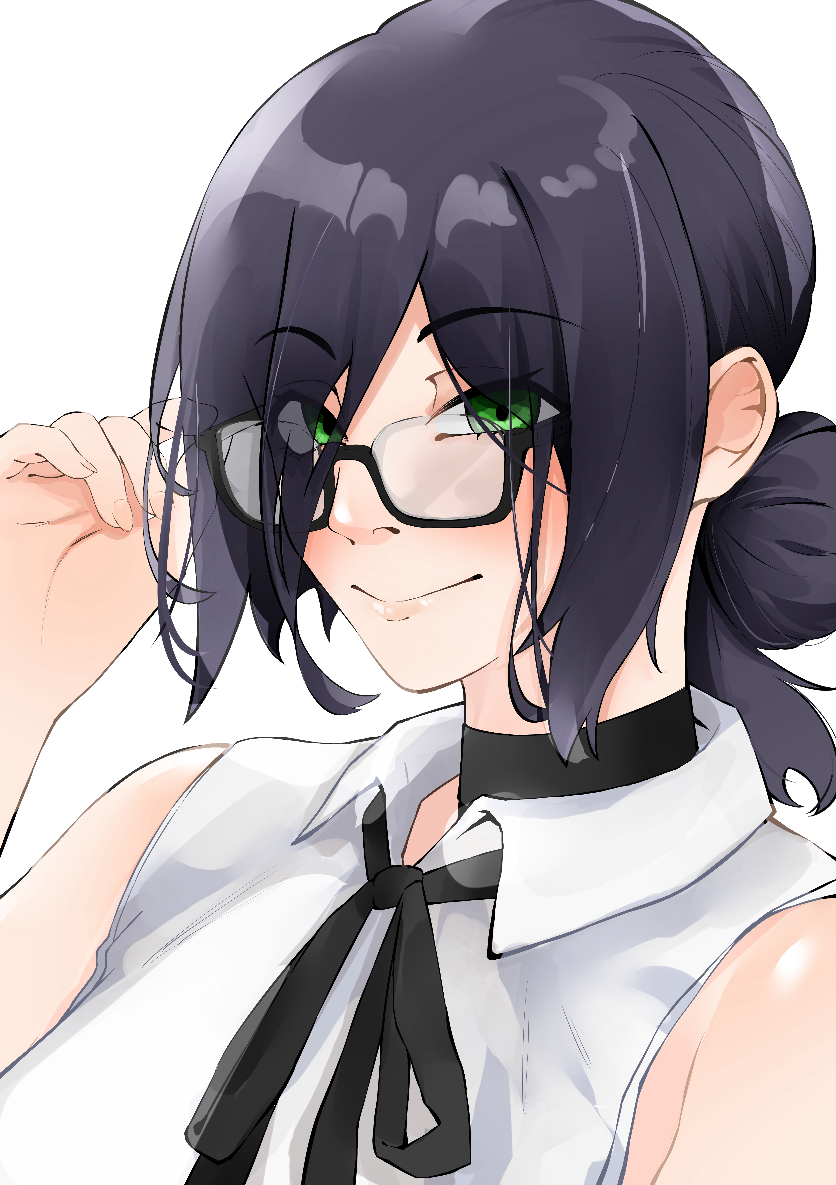senrihinzk, reze (chainsaw man), chainsaw man, absurdres, highres, 1girl, black choker, black hair, black ribbon, choker, closed mouth, glasses, green eyes, hair bun, neck ribbon, ribbon, semi-rimless eyewear, shirt, simple background, sleeveless, sleeveless shirt, smile, solo, white background, white shirt