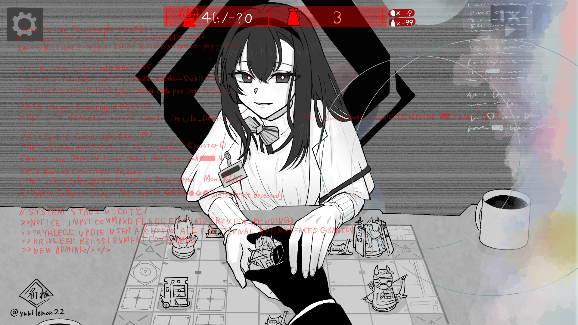 yukilemon22, pith (arknights), priestess (arknights), raidian (arknights), rosmontis (arknights), stormeye (arknights), arknights, commentary, highres, 1girl, 1other, artist name, board game, bow, capelet, cup, diamond-shaped pupils, diamond (shape), english text, gameplay mechanics, hairband, long hair, long sleeves, looking at viewer, pov, shirt, symbol-shaped pupils, twitter username