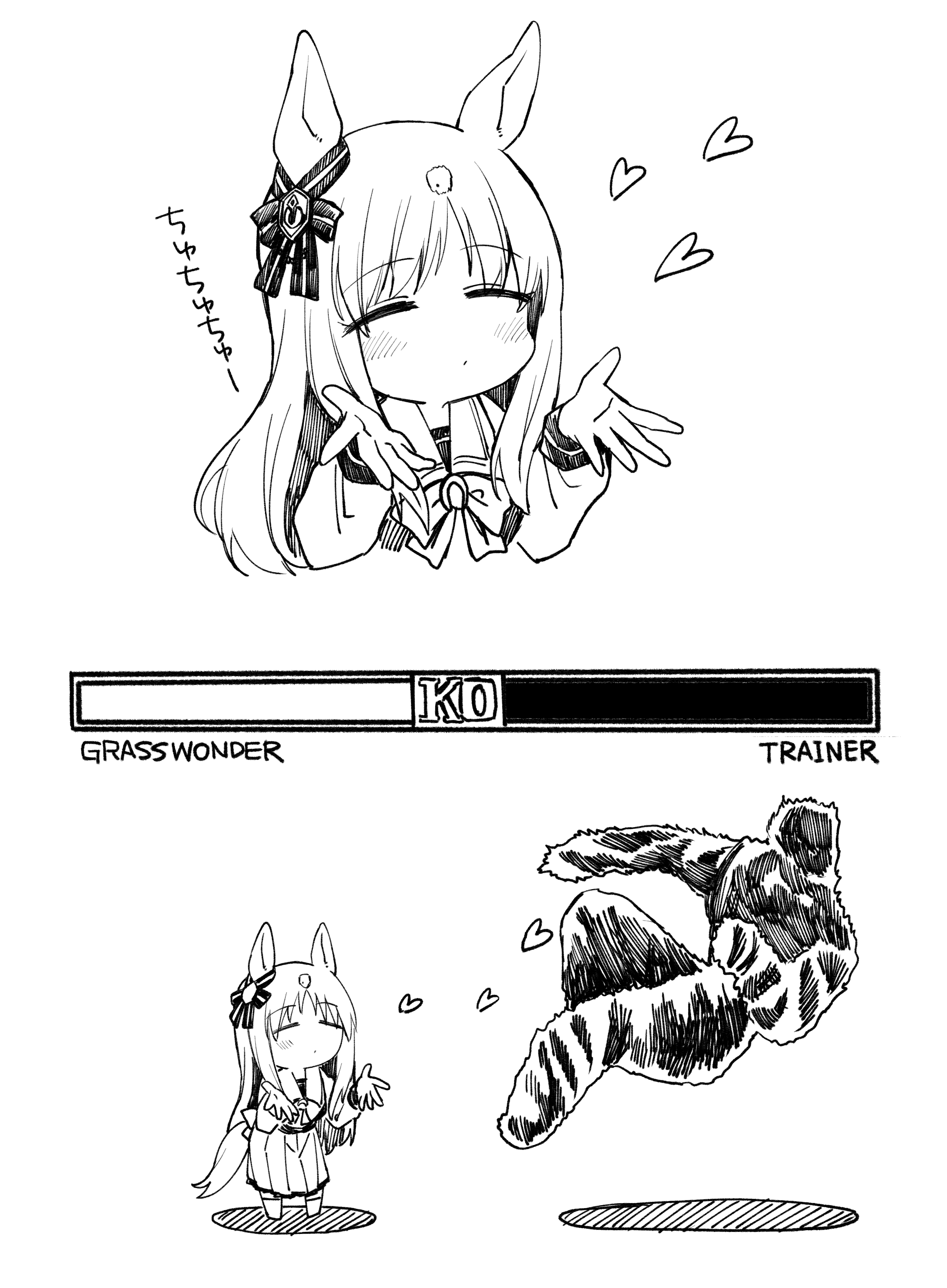 hitode (ziburi), grass wonder (umamusume), trainer (umamusume), umamusume, absurdres, commentary, highres, 1girl, animal ears, blowing kiss, blush, bow, ear bow, ear ornament, ear ribbon, horse ears, horse girl, horse tail, horseshoe ornament, long hair, long sleeves, sailor collar, school uniform, skirt, tail, tracen school uniform, white hair