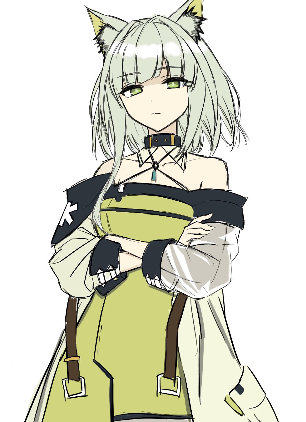 kal'tsit (arknights), arknights, commentary request, highres, 1girl, animal ear fluff, animal ears, bare shoulders, closed mouth, crossed arms, dress, green dress, green eyes, grey dress, grey hair, hair intakes, halterneck, looking at viewer, midori10, off shoulder, see-through clothes, see-through sleeves, short hair with long locks, simple background, sketch, solo, split mouth, white background