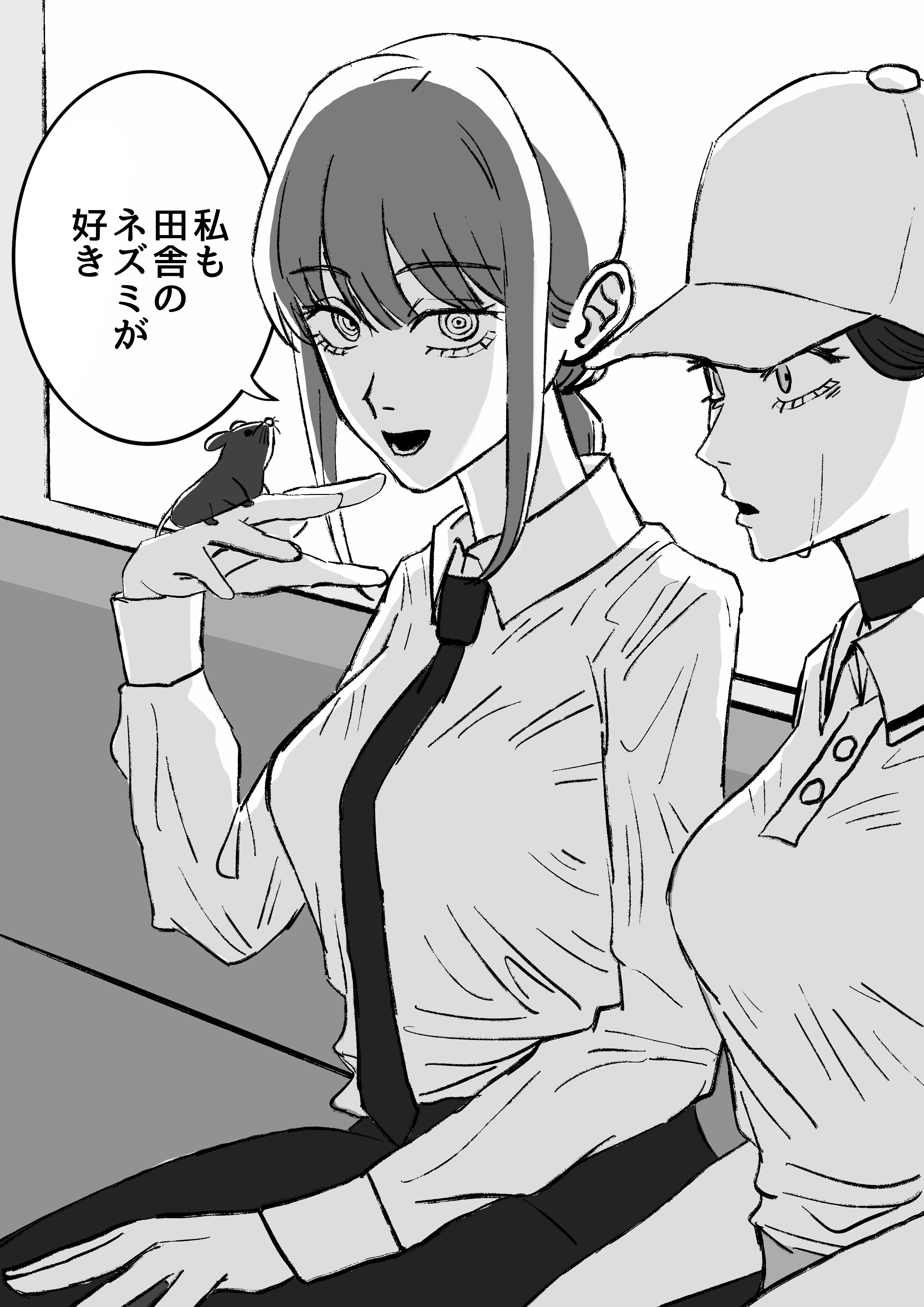 makima (chainsaw man), reze (chainsaw man), chainsaw man, absurdres, commentary request, highres, translation request, 2girls, animal, animal on hand, baseball cap, collared shirt, crying, crying with eyes open, formal clothes, greyscale, hat, lzb i5, monochrome, mouse (animal), mouse on hand, multiple girls, necktie, open mouth, pant suit, pants, polo shirt, ringed eyes, shirt, sidelocks, suit, tears