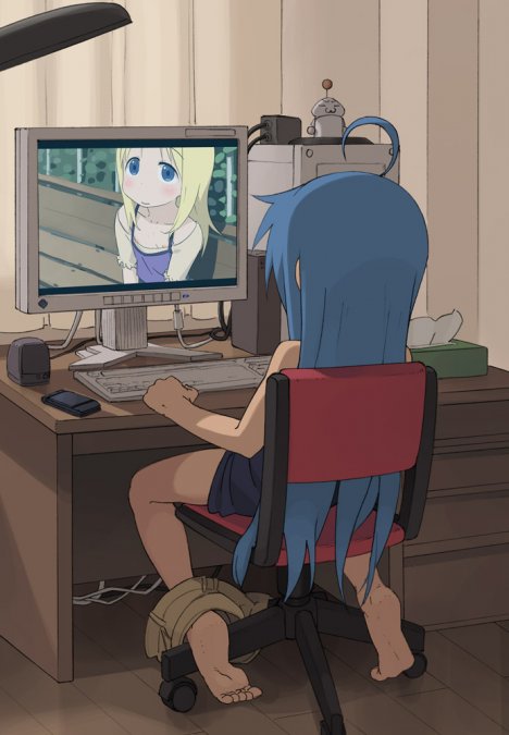 ana coppola, izumi konata, ichigo mashimaro, lucky star, tagme, 00s, barefoot, blue hair, computer, computer keyboard, feet, long hair, masturbation, soles, toes