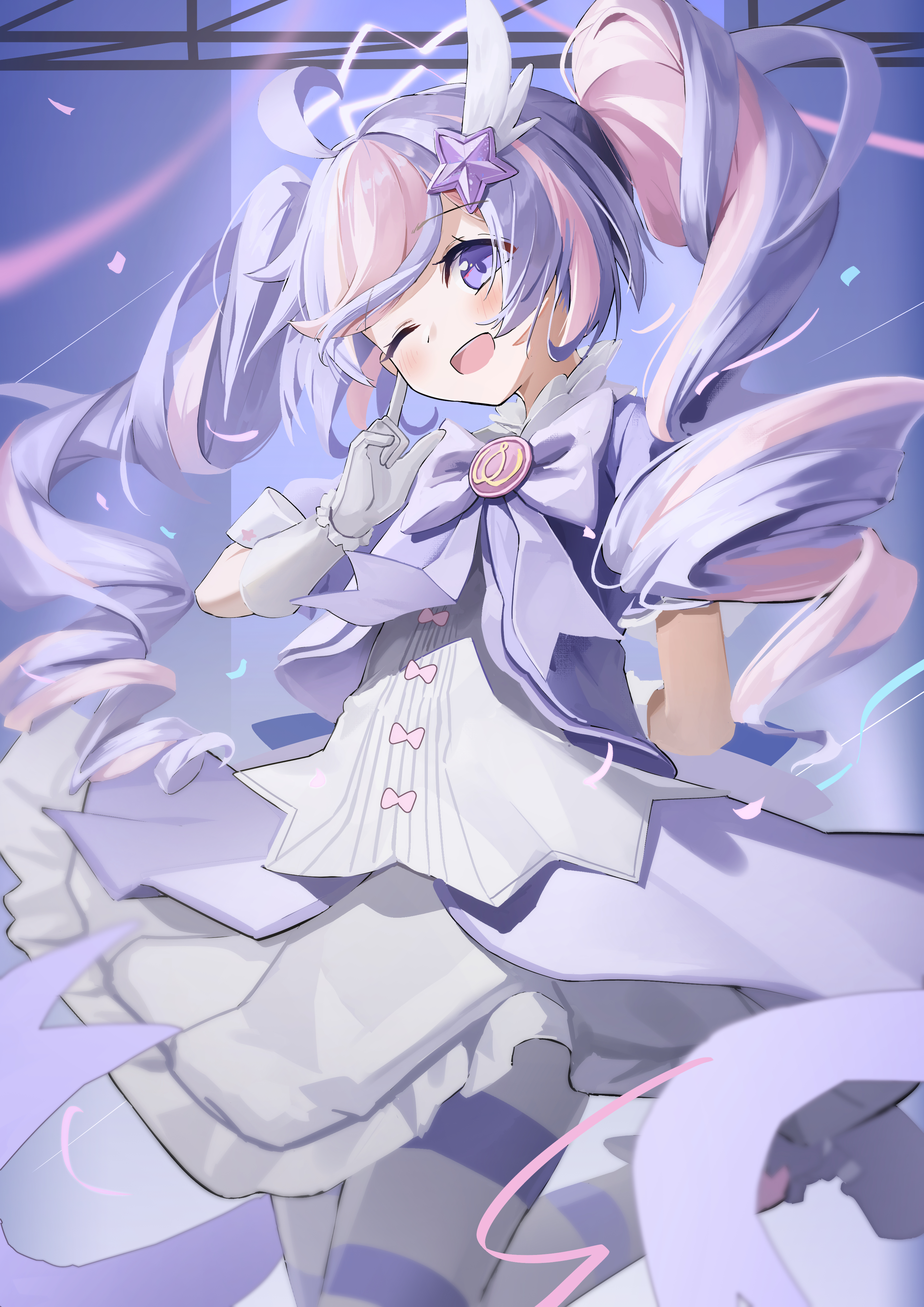 fengxue, reisa (blue archive), reisa (magical) (blue archive), blue archive, absurdres, chinese commentary, commentary, highres, 1girl, ;d, ahoge, arm behind back, blush, bow, bowtie, cowboy shot, dress, drill hair, floating hair, frilled dress, frills, gloves, hair ornament, halo, hand up, happy, index finger raised, long hair, looking at viewer, magical girl, multicolored hair, official alternate costume, official alternate hairstyle, one eye closed, ooarai school uniform, open mouth, pantyhose, pink hair, pink halo, purple bow, purple bowtie, purple dress, purple eyes, purple hair, school uniform, short sleeves, smile, solo, standing, standing on one leg, star (symbol), star hair ornament, star halo, streaked hair, striped clothes, striped pantyhose, tareme, twin drills, twintails, two-tone dress, two-tone hair, two-tone pantyhose, very long hair, white dress, white gloves, wing hair ornament