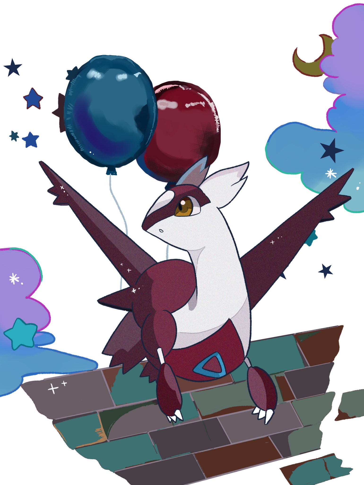 mendako (tyatyaumai29), latias, nintendo, pokemon, commentary request, highres, animal focus, balloon, cloud, crescent, dragon, gen 3 pokemon, legendary pokemon, no humans, pokemon (creature), simple background, solo, star (symbol), white background, wings, yellow eyes
