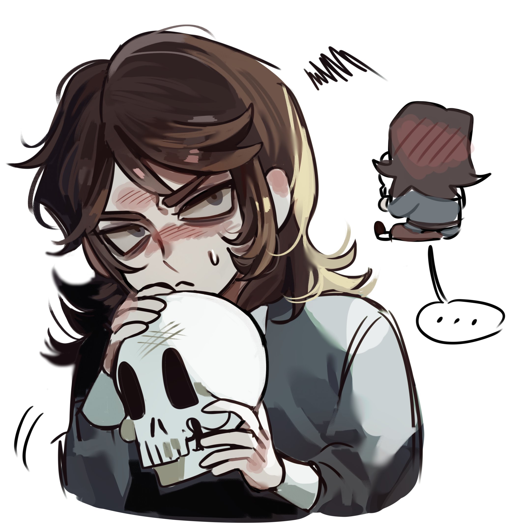 qpwksnaz, abaddon (haunted hotel), abaddon (human) (haunted hotel), haunted hotel, highres, 1boy, brown hair, grey eyes, holding, holding skull, long hair, looking at viewer, male focus, multiple views, simple background, skull, upper body, white background
