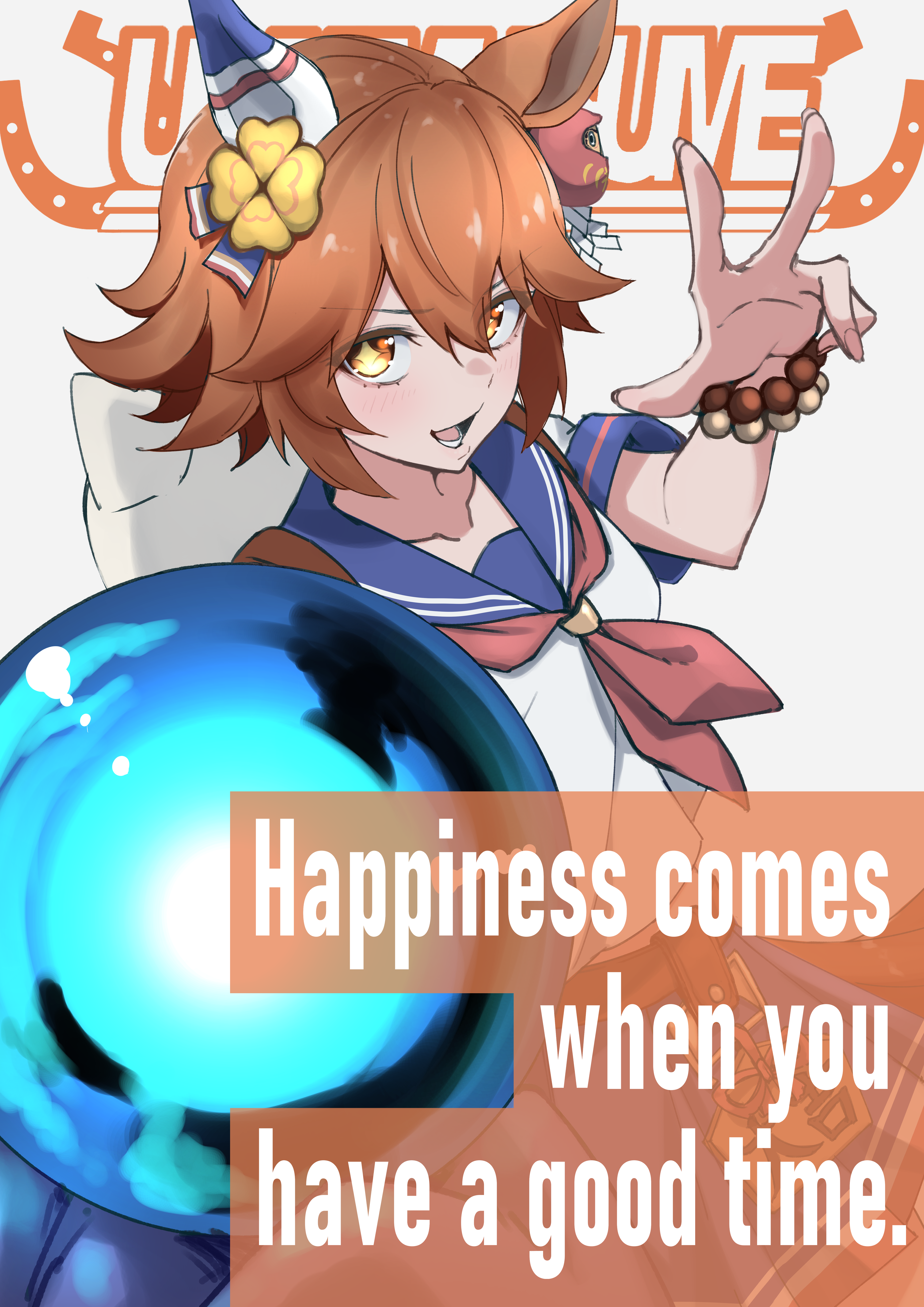 danboru (jdanboru1182), matikanefukukitaru (rising fortune) (umamusume), matikanefukukitaru (umamusume), umamusume, absurdres, highres, animal ears, bead bracelet, beads, bracelet, clover hair ornament, crystal ball, daruma doll, daruma doll hair ornament, doll hair ornament, ear covers, flipped hair, four-leaf clover hair ornament, good fortune symbol, hair ornament, holding orb, horse ears, horse girl, horse tail, jewelry, maneki-neko, single ear cover, star-shaped pupils, star (symbol), symbol-shaped pupils, tail